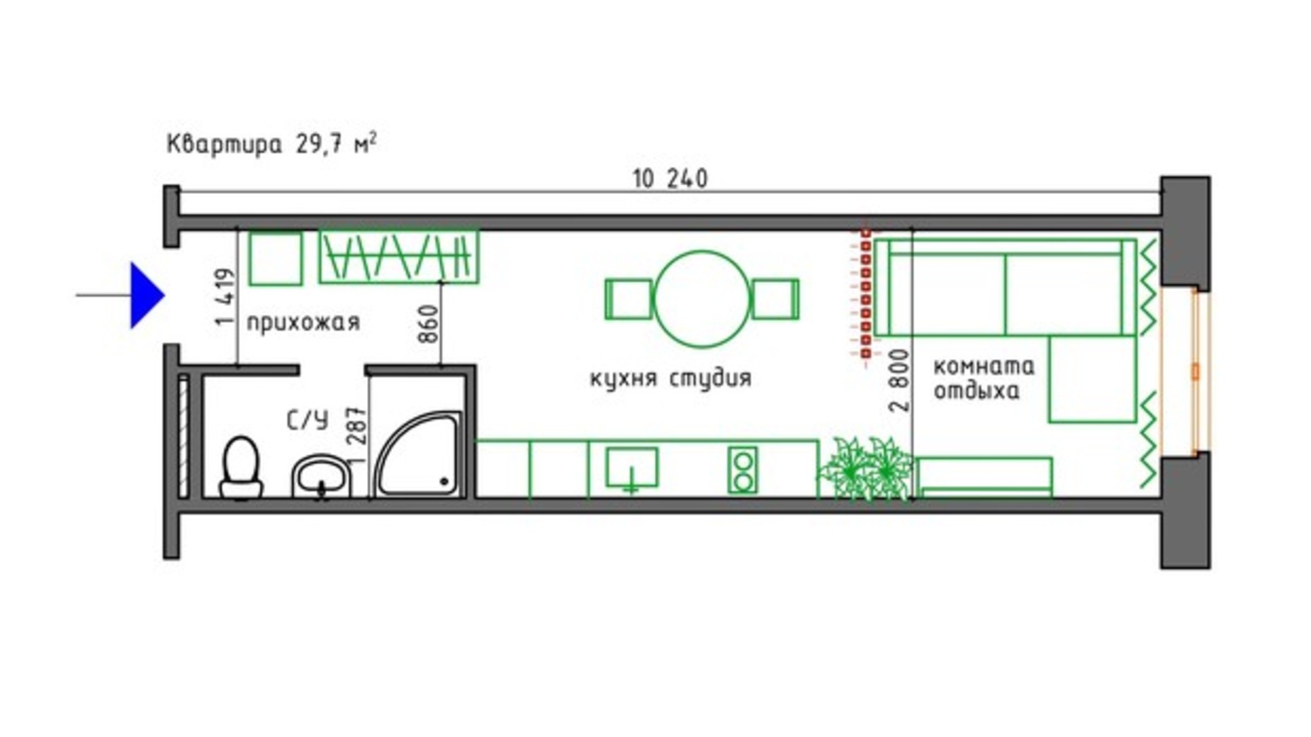 Планировка 1-комнатной квартиры в ЖК West Hall 29.7 м², фото 824274