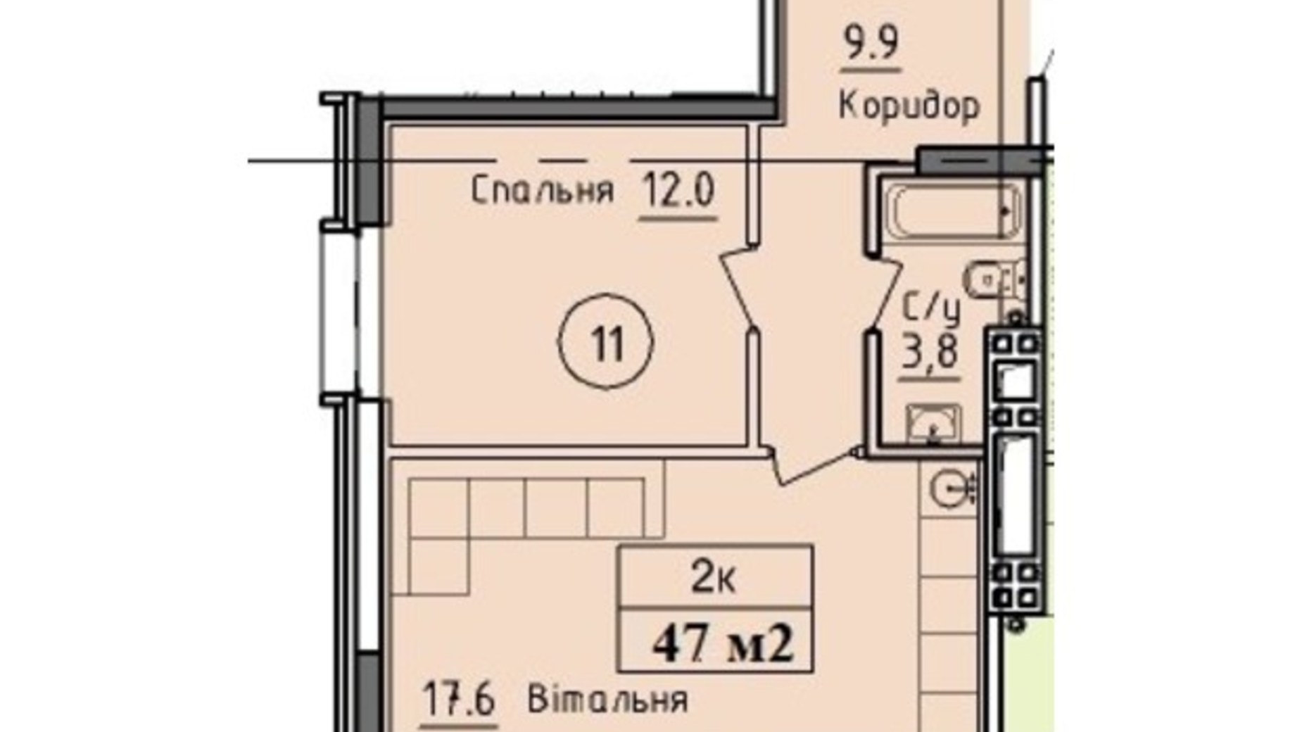 Планировка 1-комнатной квартиры в ЖК West Hall 47 м², фото 824276