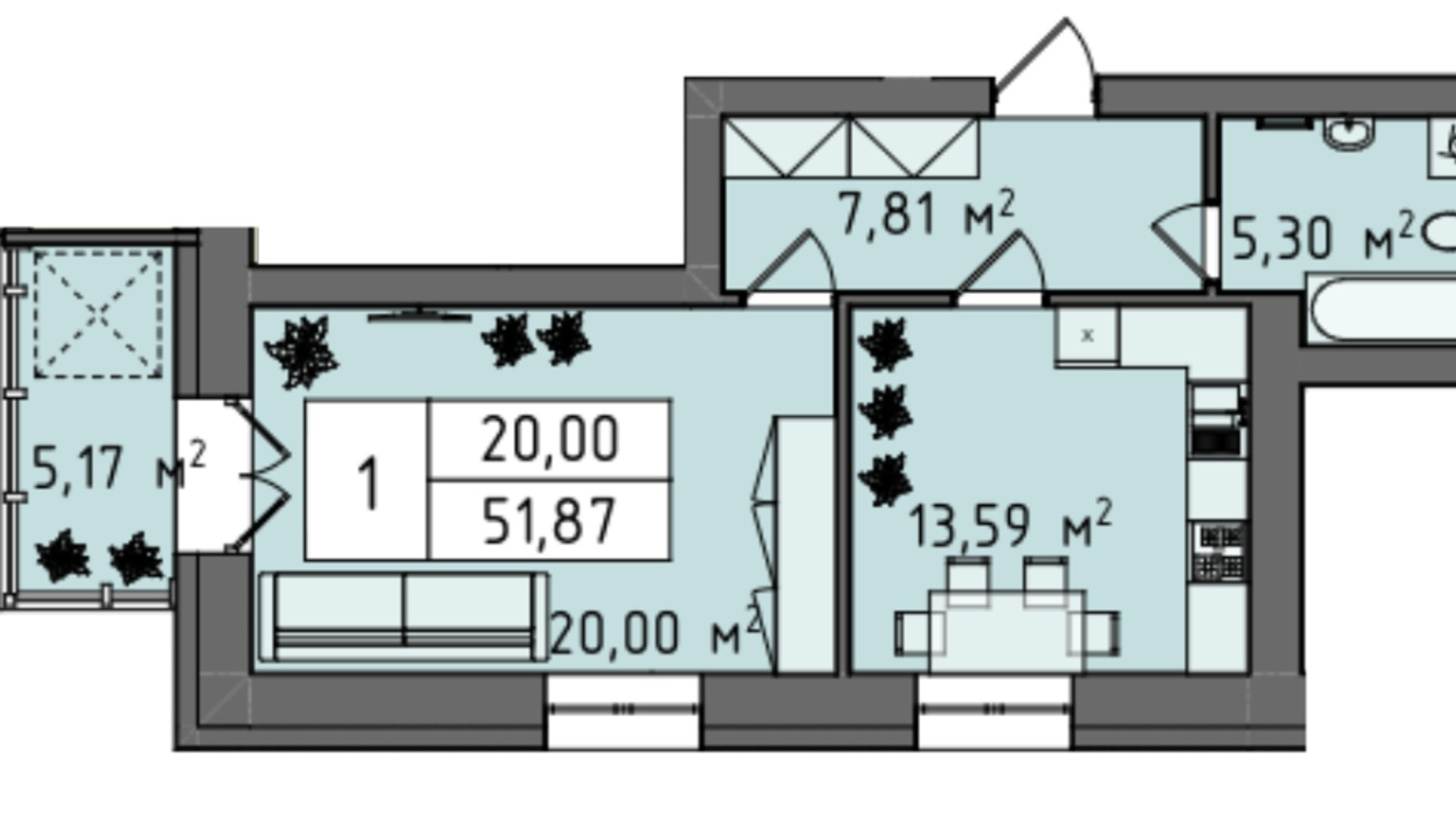 Планування 1-кімнатної квартири в ЖК Стокгольм 51.87 м², фото 824317