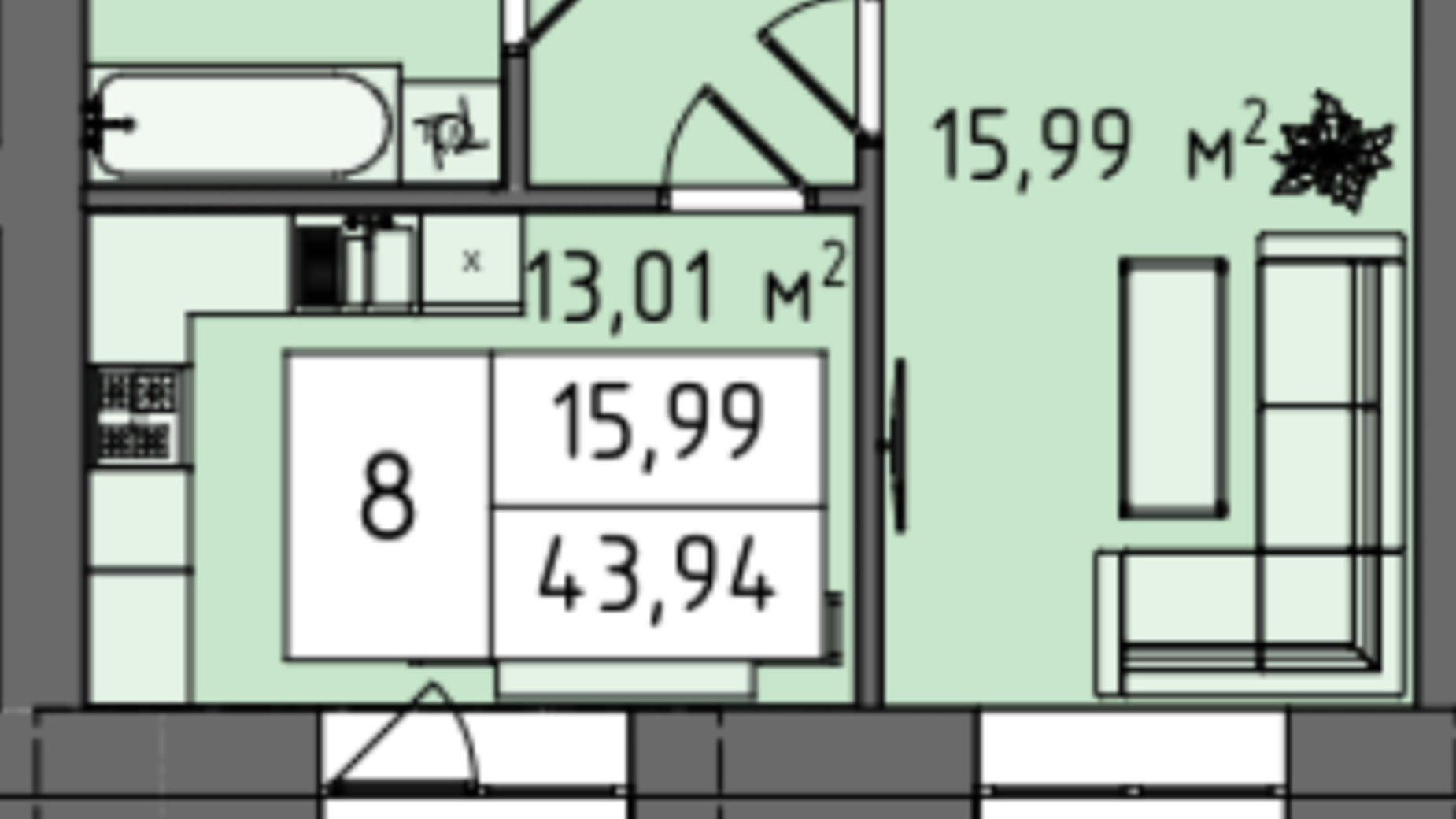 Планування 1-кімнатної квартири в ЖК Стокгольм 43.94 м², фото 824334