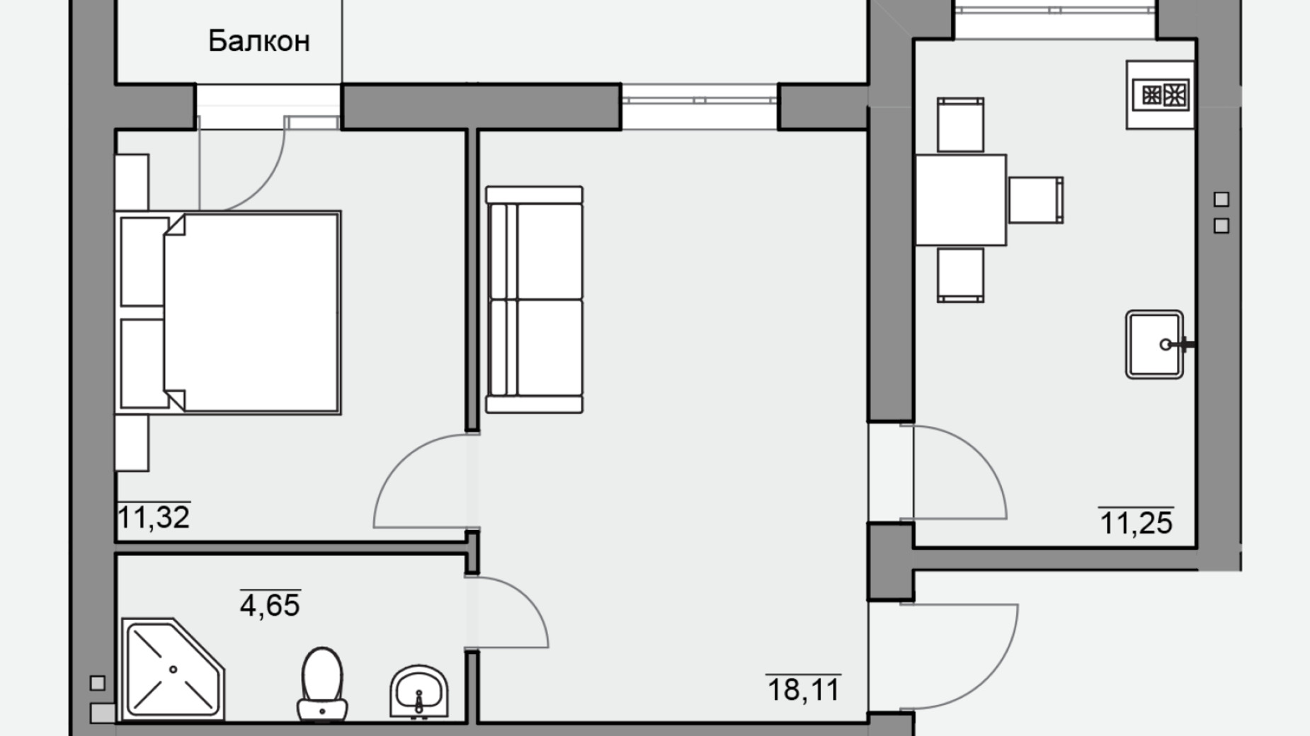 Планування 2-кімнатної квартири в ЖК Баварія 46.23 м², фото 824454