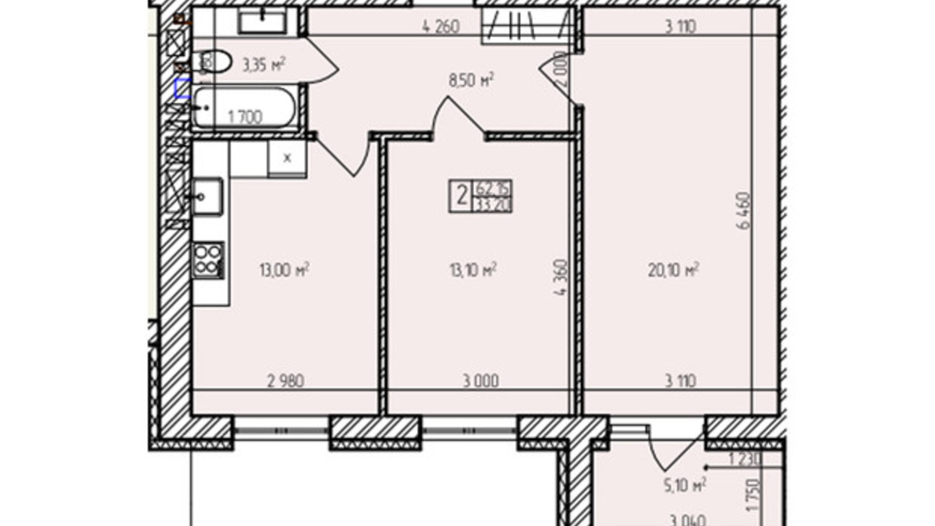 Планировка 2-комнатной квартиры в ЖК Автобиография Парк 62.15 м², фото 824723