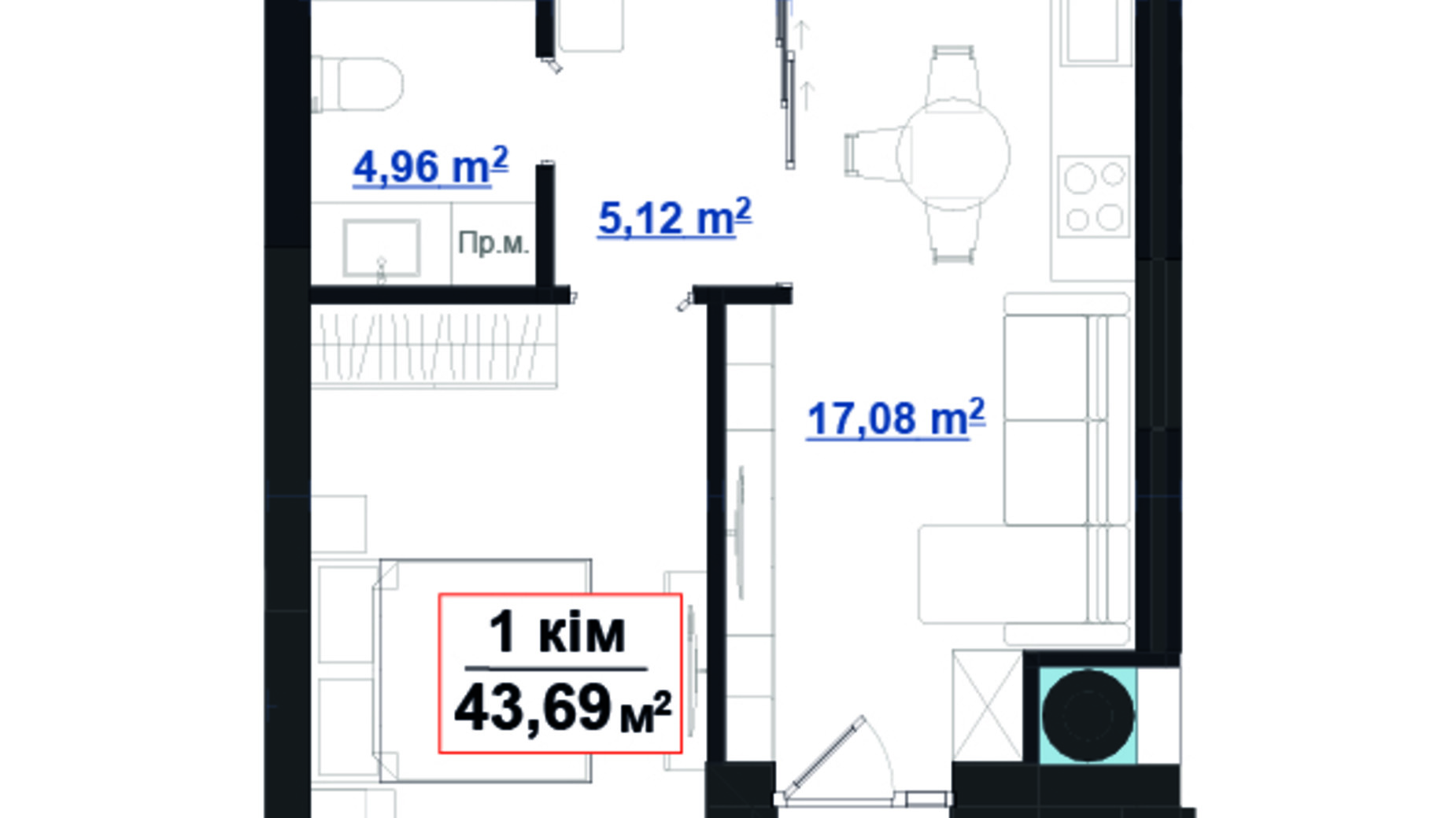 Планировка 1-комнатной квартиры в ЖК Park Avenue premium 43.69 м², фото 824756