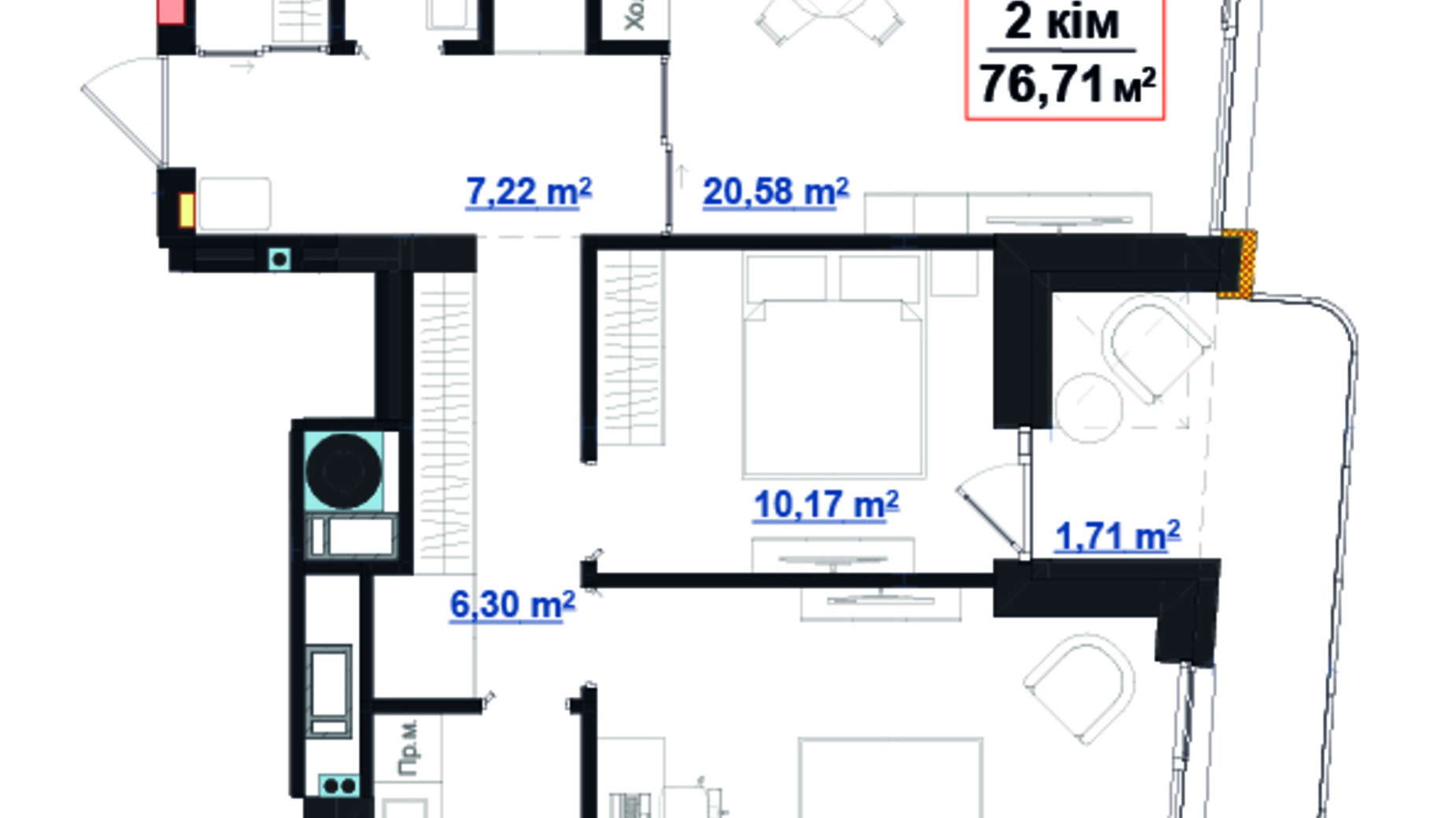 Планировка 2-комнатной квартиры в ЖК Park Avenue premium 76.71 м², фото 824832