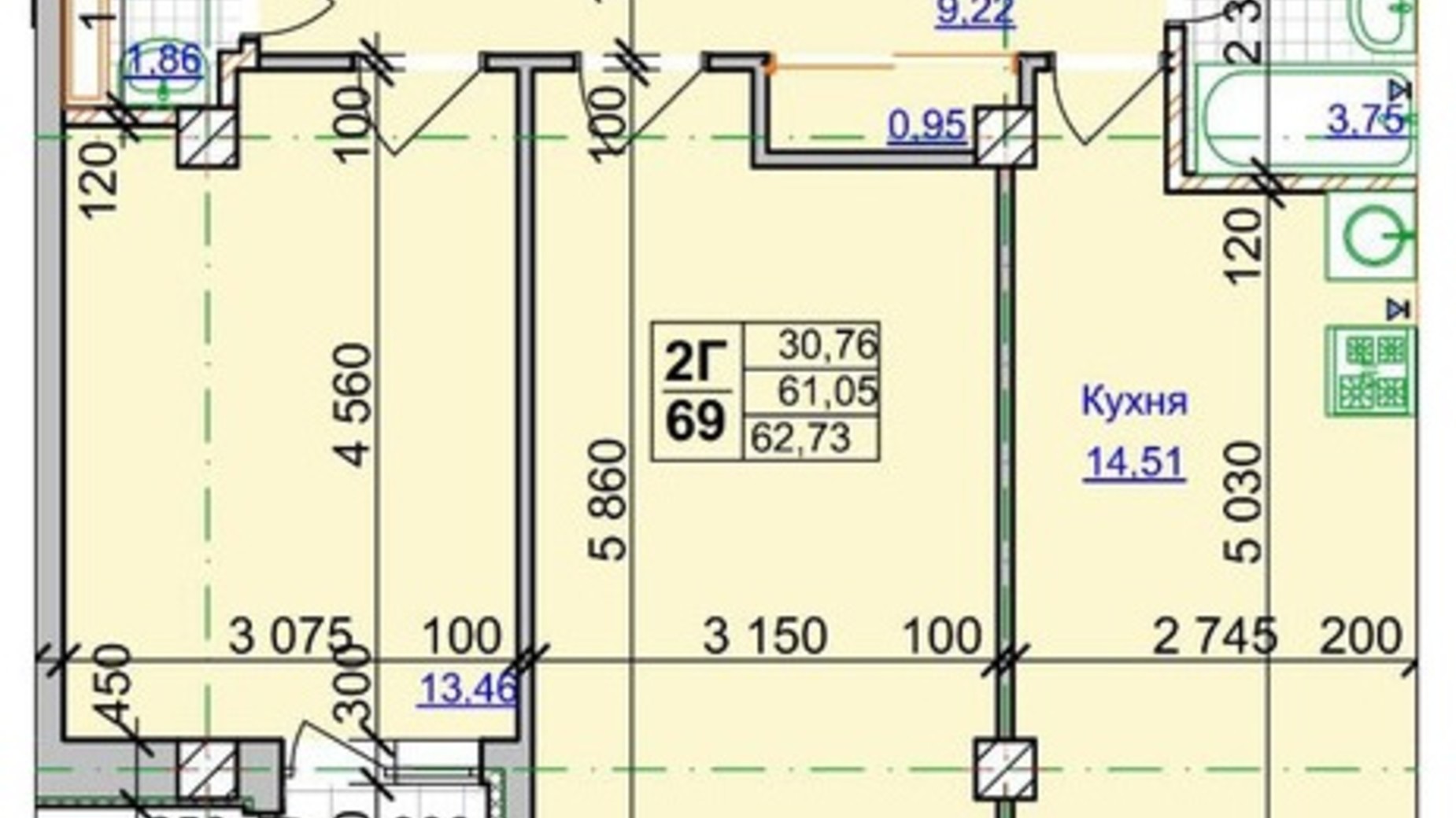 Планировка 1-комнатной квартиры в ЖК Спортивный 62.7 м², фото 825954