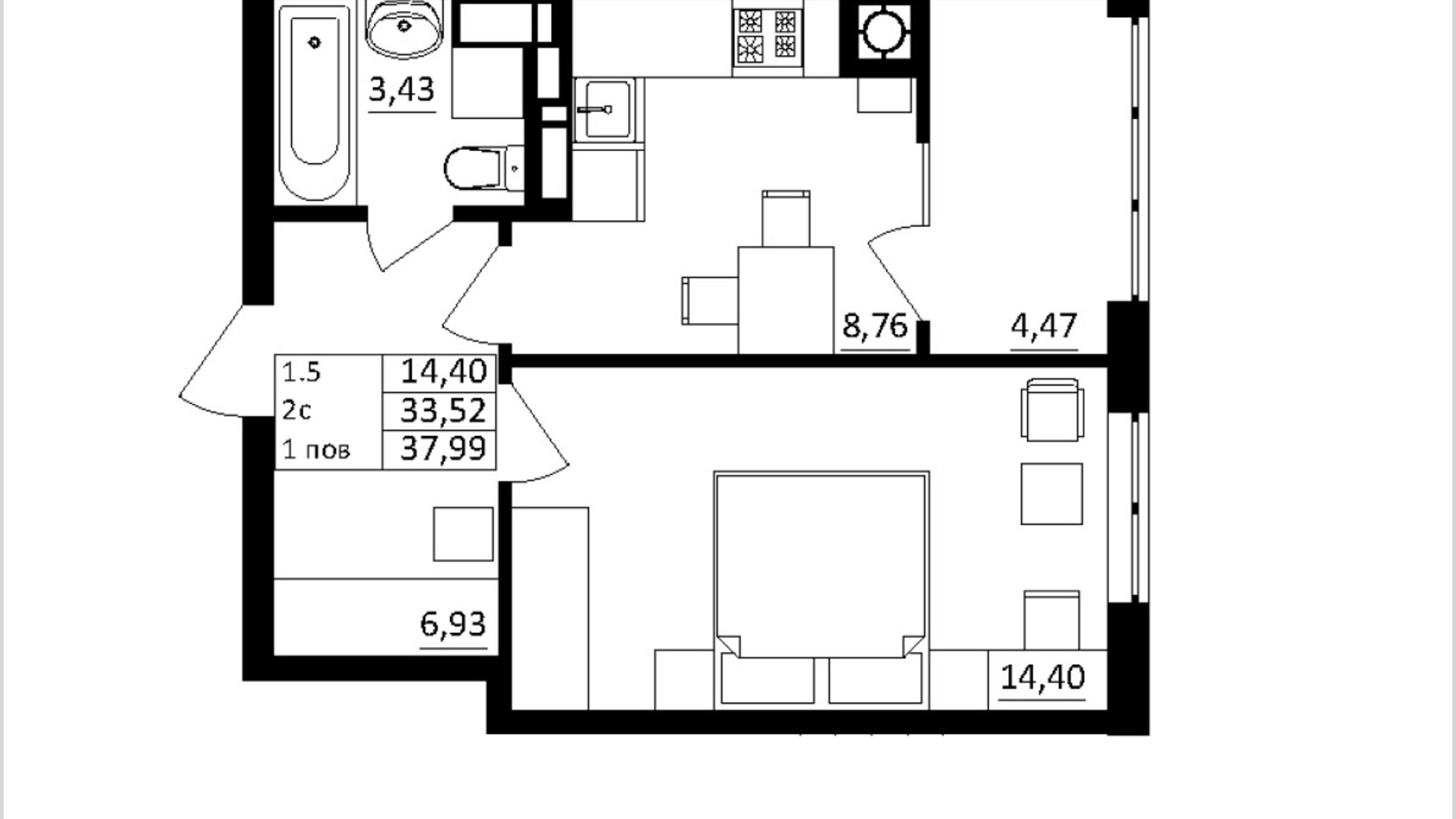 Планування 1-кімнатної квартири в ЖК Обухівський ключ 37.9 м², фото 827456