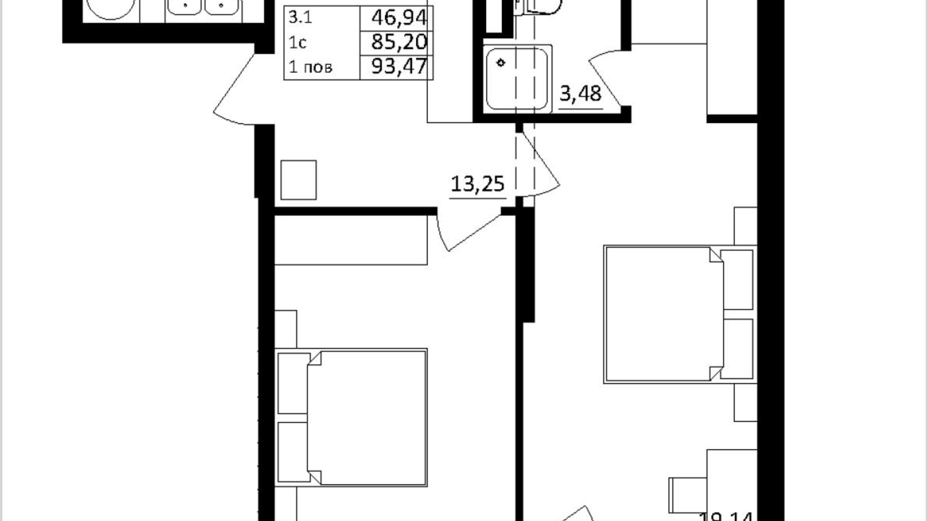 Планування 3-кімнатної квартири в ЖК Обухівський ключ 93.47 м², фото 827461