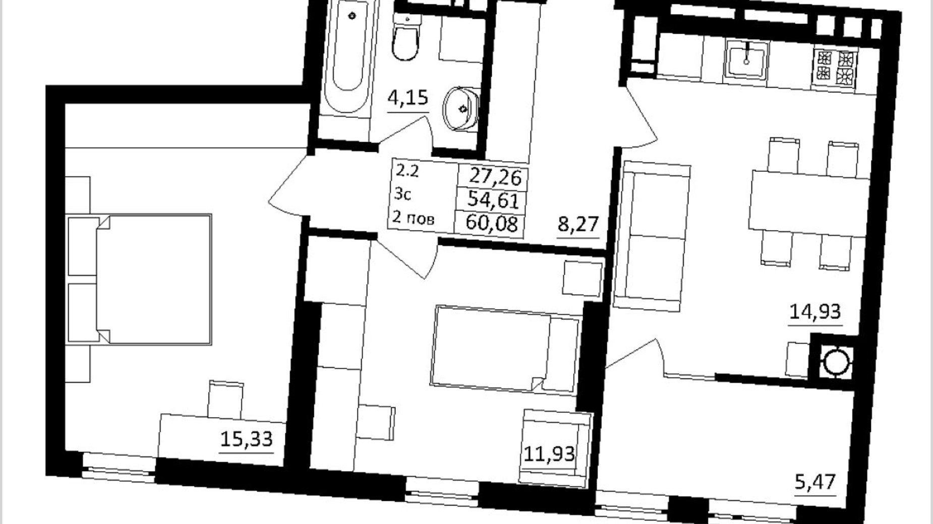 Планування 2-кімнатної квартири в ЖК Обухівський ключ 60.08 м², фото 827481