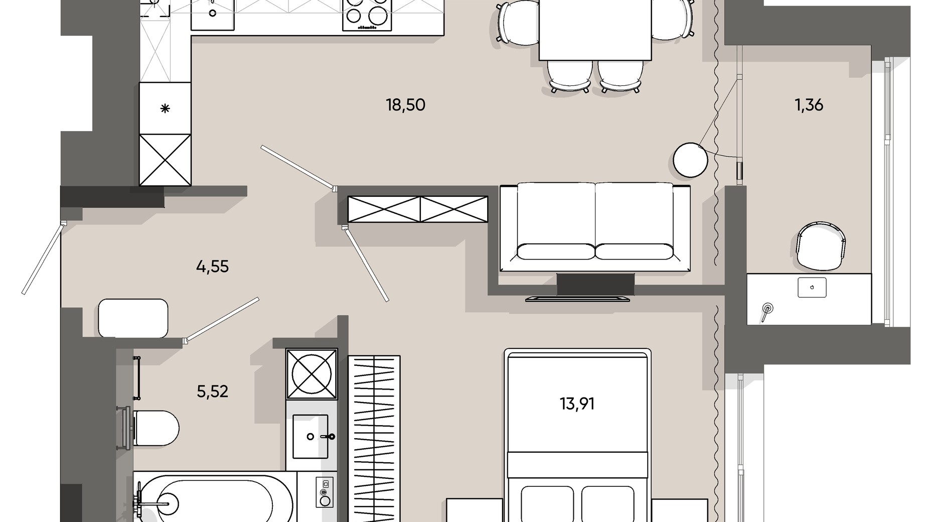 Планування 1-кімнатної квартири в ЖК Five Address 43.84 м², фото 828267