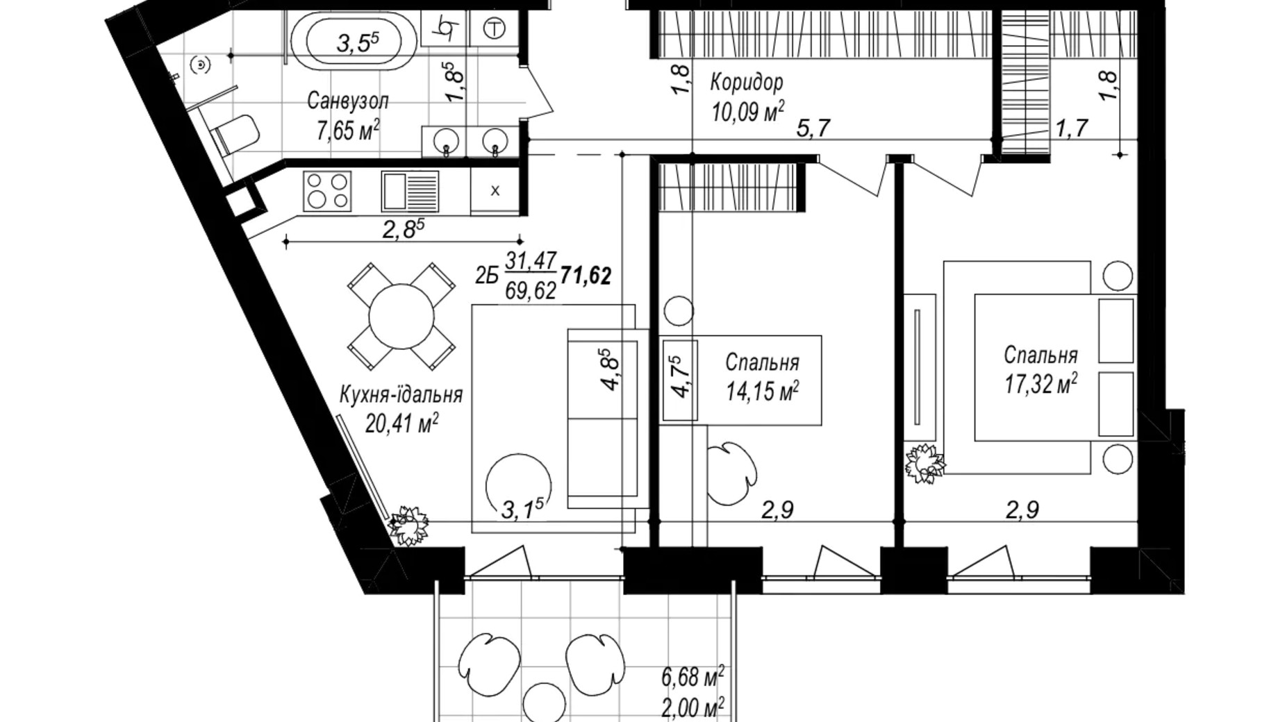 Планування 2-кімнатної квартири в ЖК Smart & Green 71.62 м², фото 830988