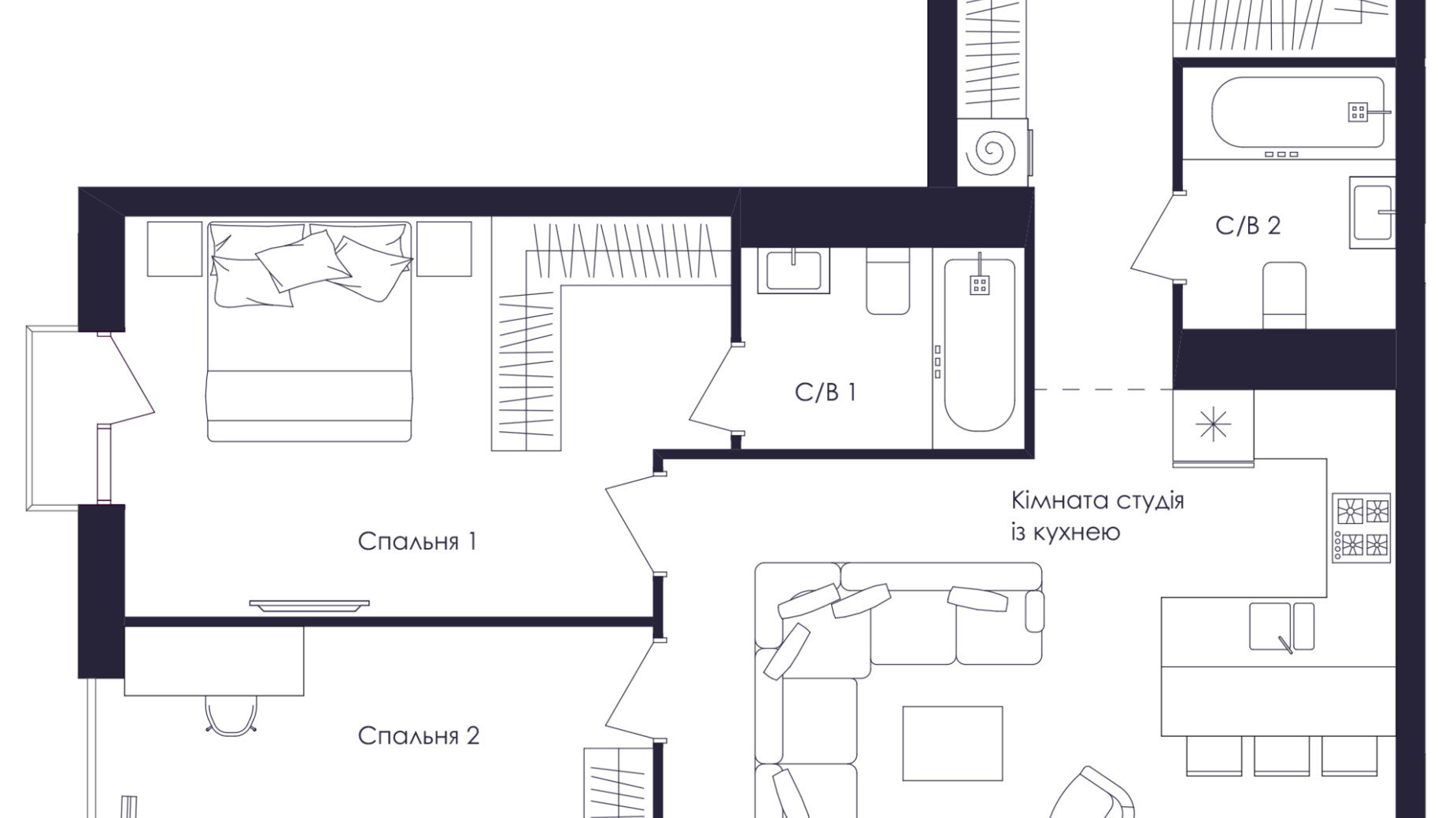 Планування 2-кімнатної квартири в ЖК Avalon Up 75 м², фото 832117