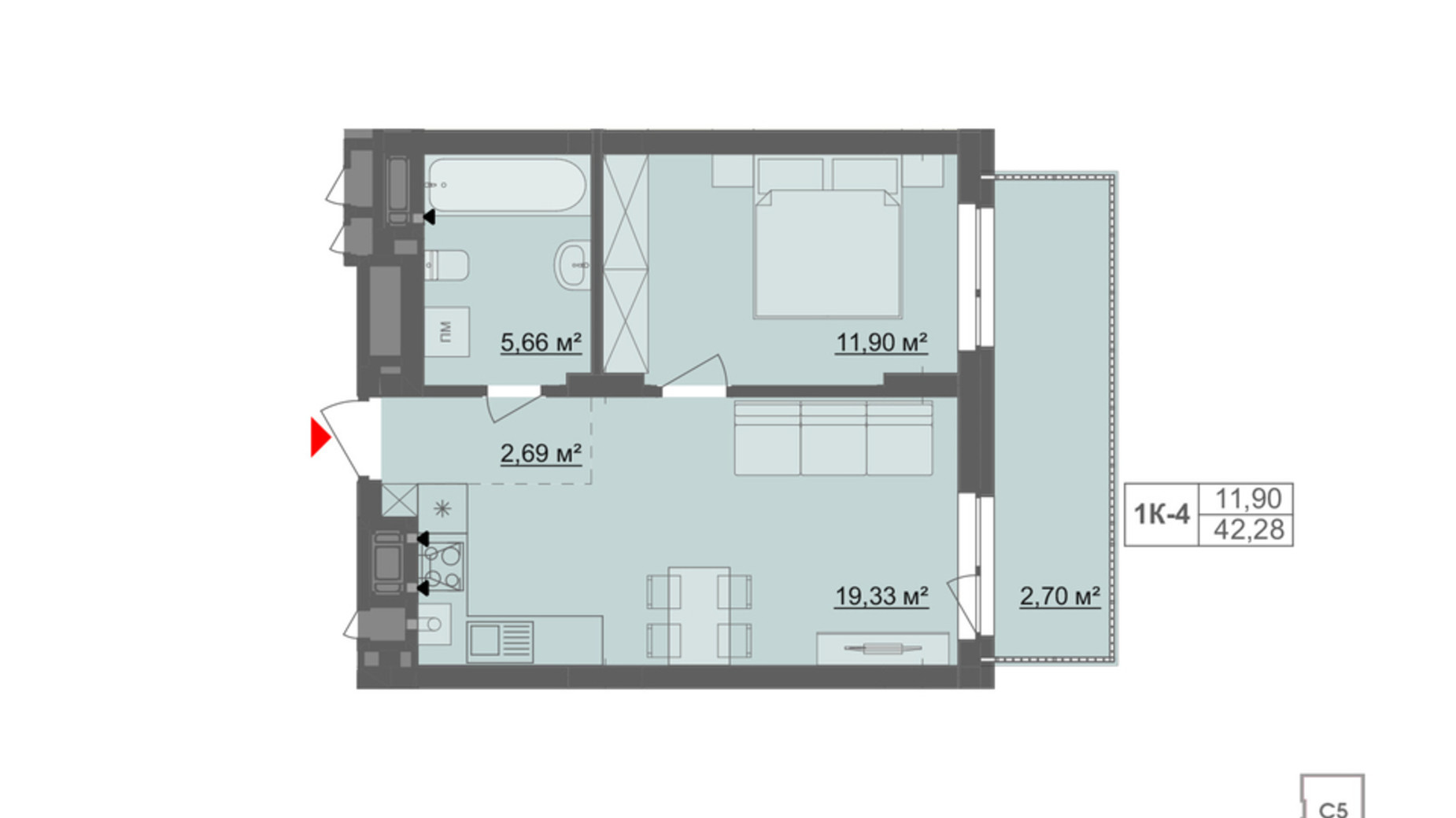 Планировка 1-комнатной квартиры в ЖК Киевский 42.28 м², фото 832878