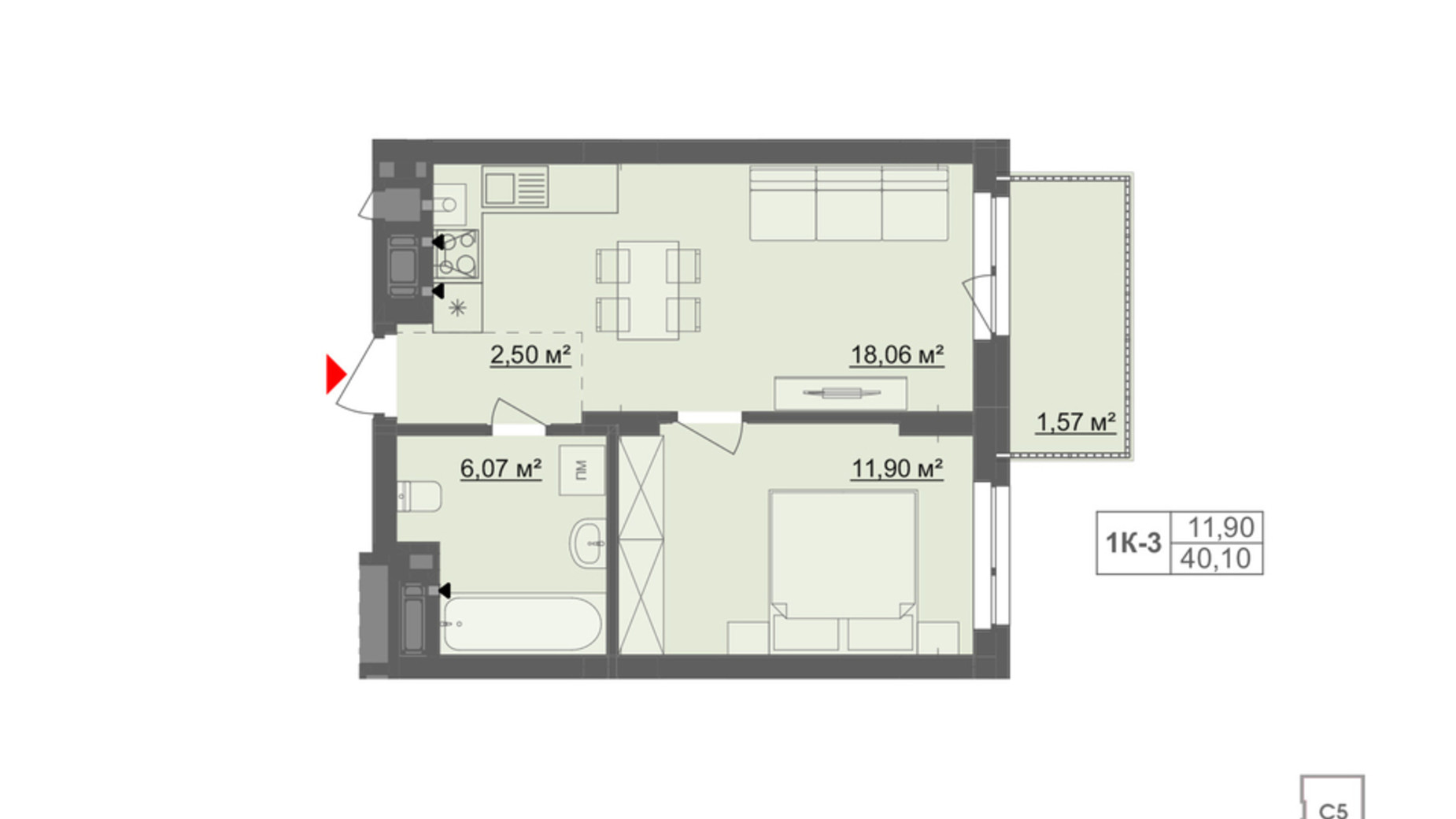 Планування 1-кімнатної квартири в ЖК Київський 40.1 м², фото 832879