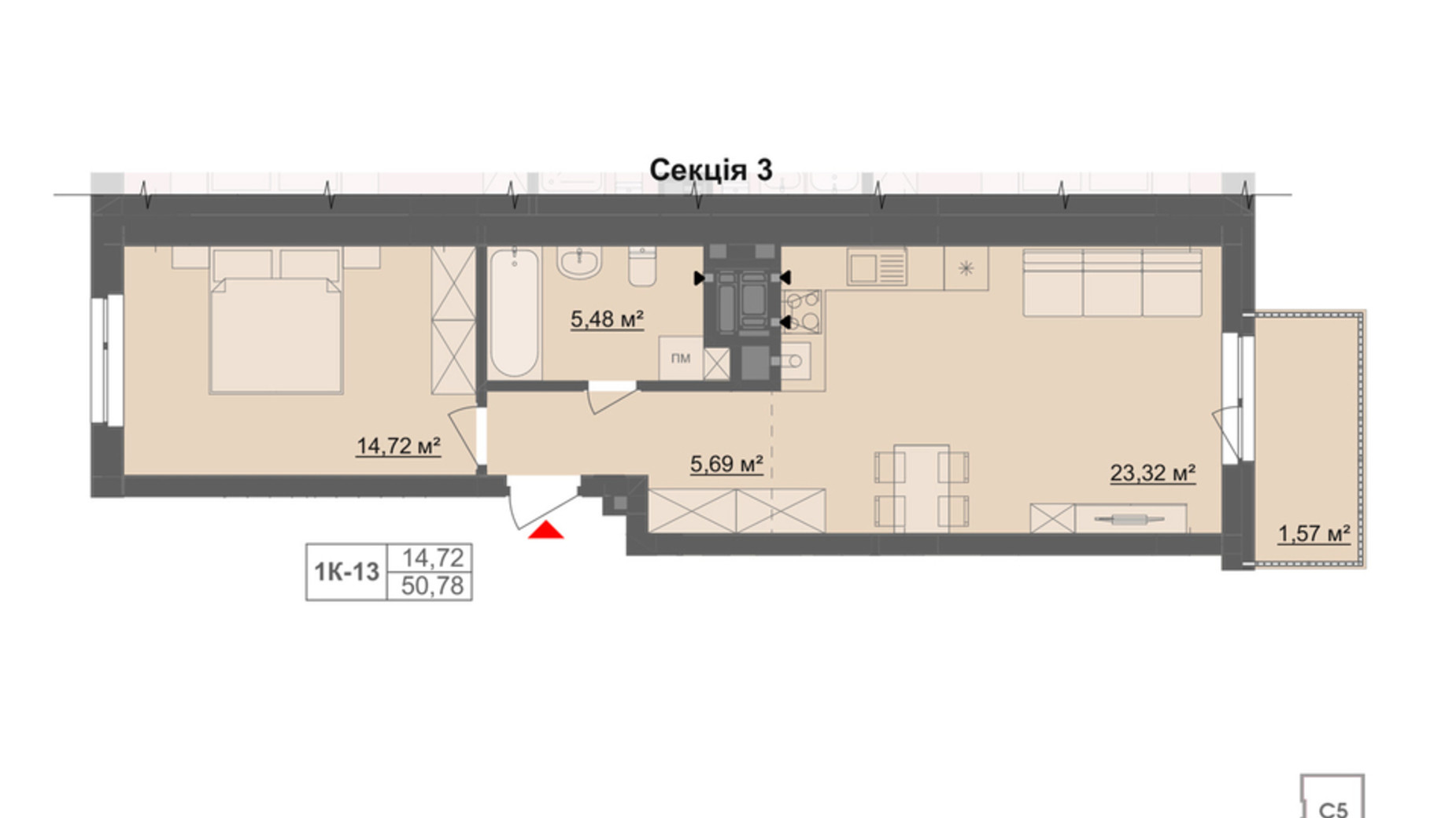 Планировка 1-комнатной квартиры в ЖК Киевский 50.78 м², фото 832882