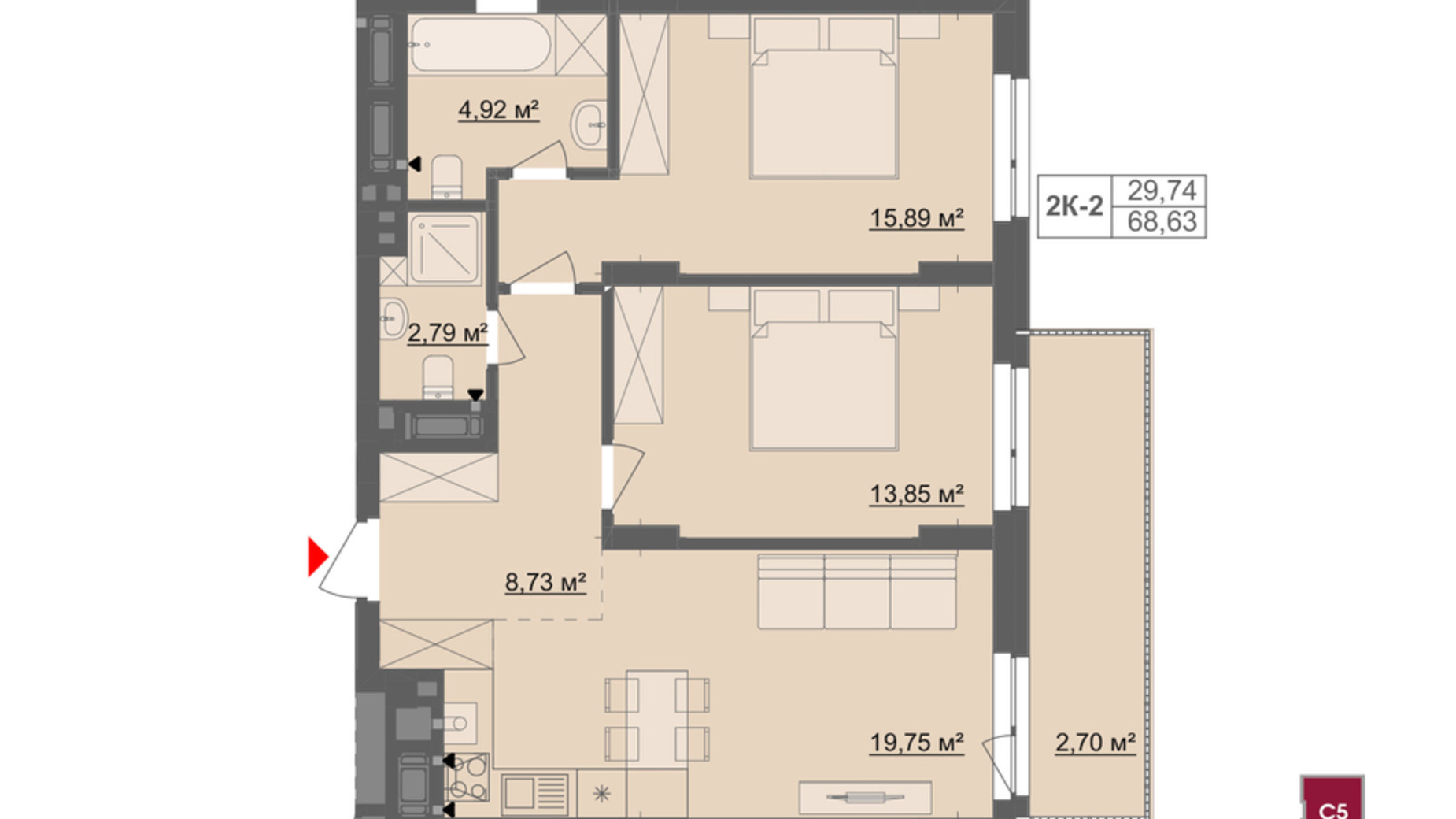 Планировка 2-комнатной квартиры в ЖК Киевский 68.63 м², фото 832925