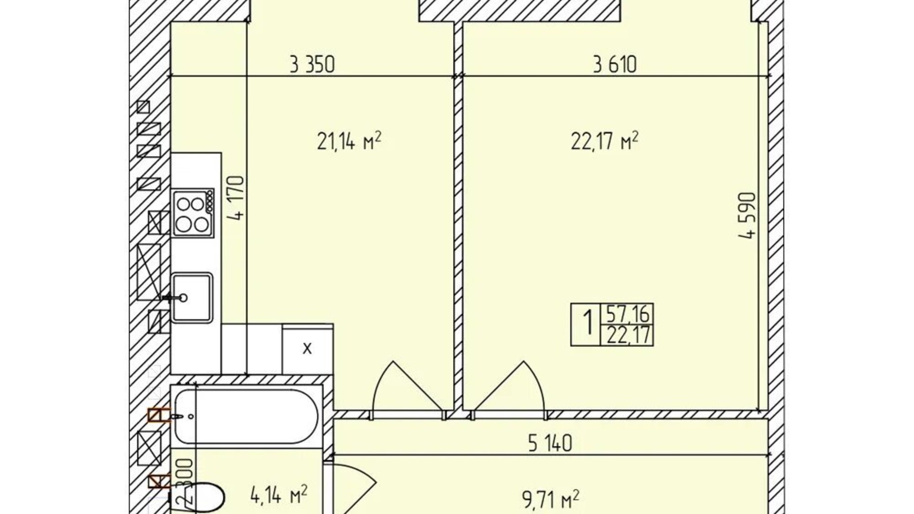 Планування 1-кімнатної квартири в ЖК Автобіографія 3.0 57.16 м², фото 835482