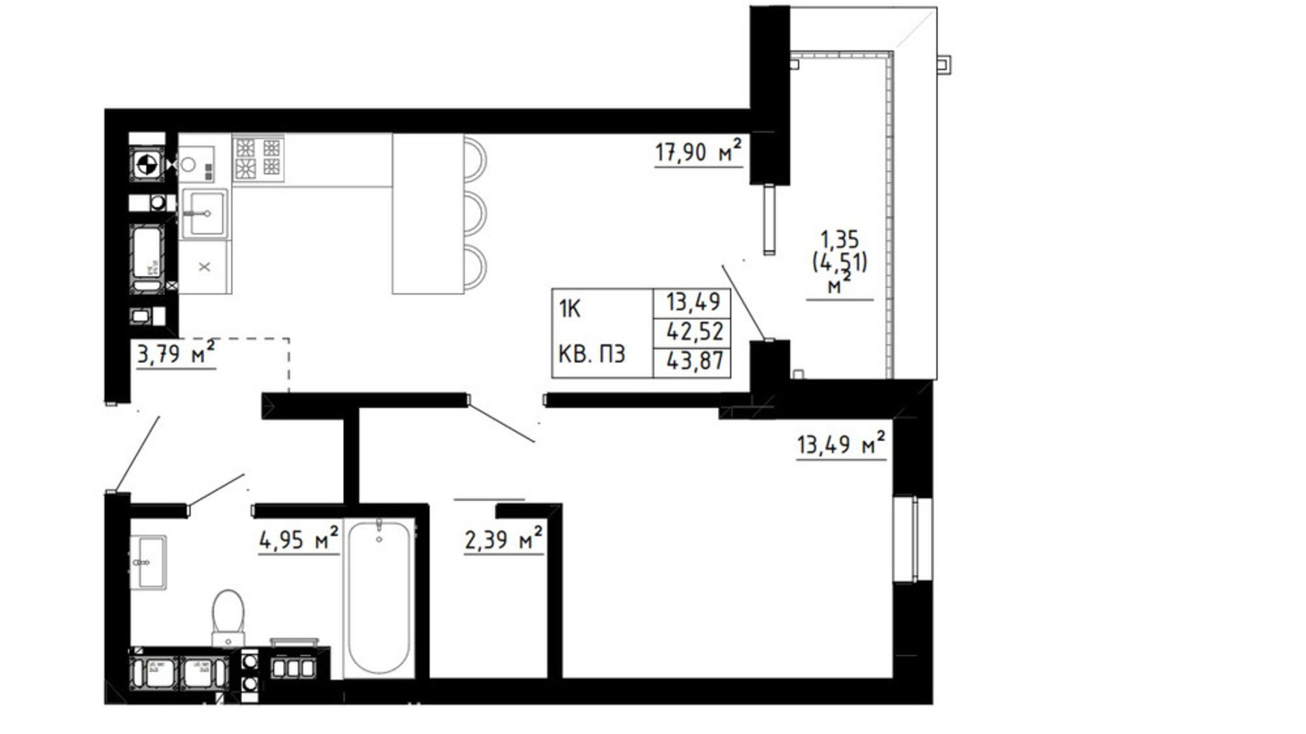 Планування 1-кімнатної квартири в ЖК Шведський квартал 43.87 м², фото 835822