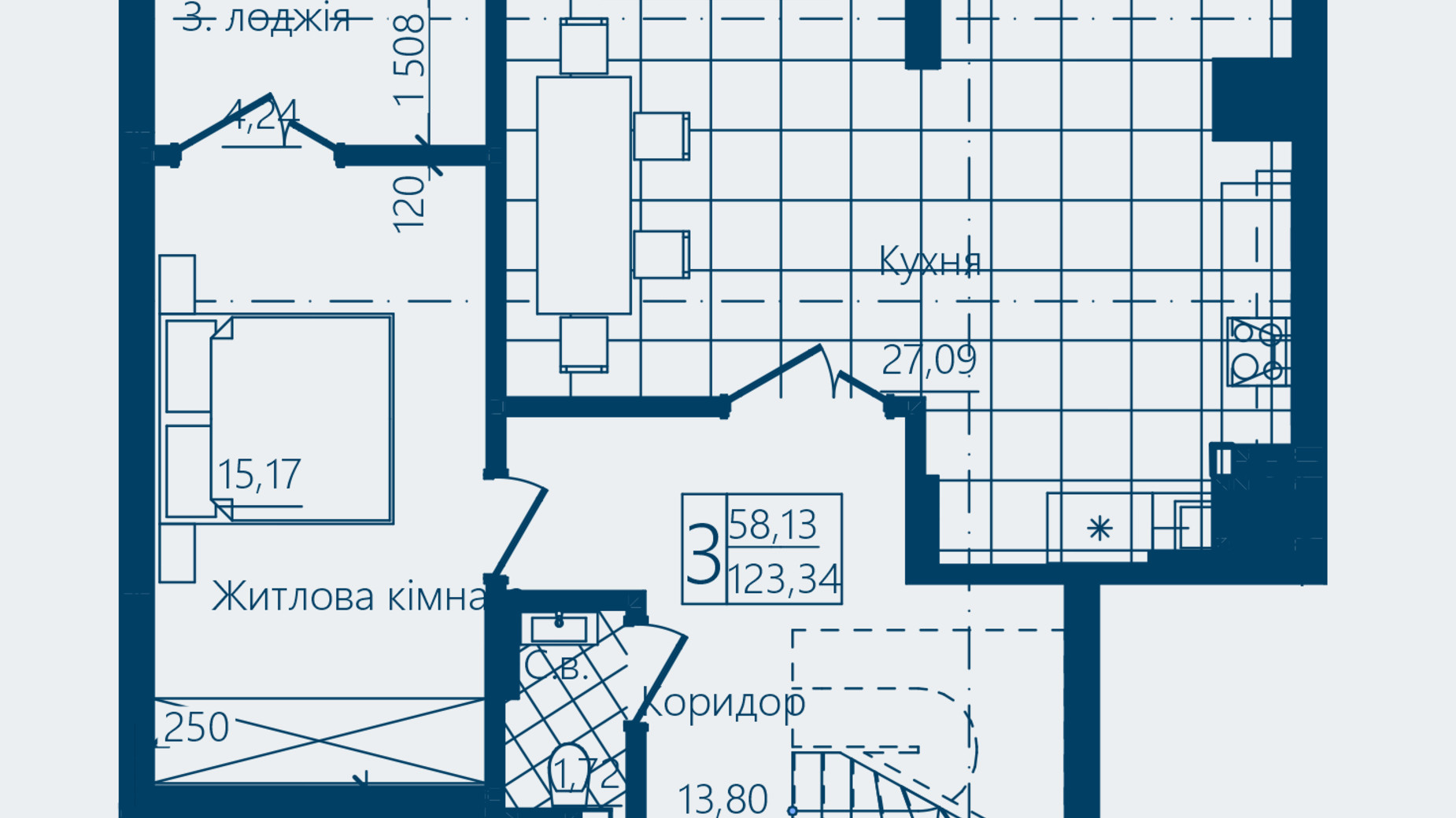 Планування 3-кімнатної квартири в ЖК Престижний 2 123.34 м², фото 836200