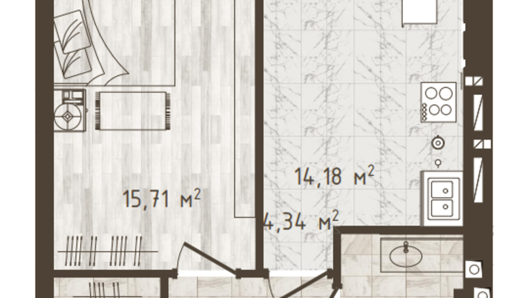 Планування 1-кімнатної квартири в ЖК Одеська Чайка 41.38 м², фото 836497