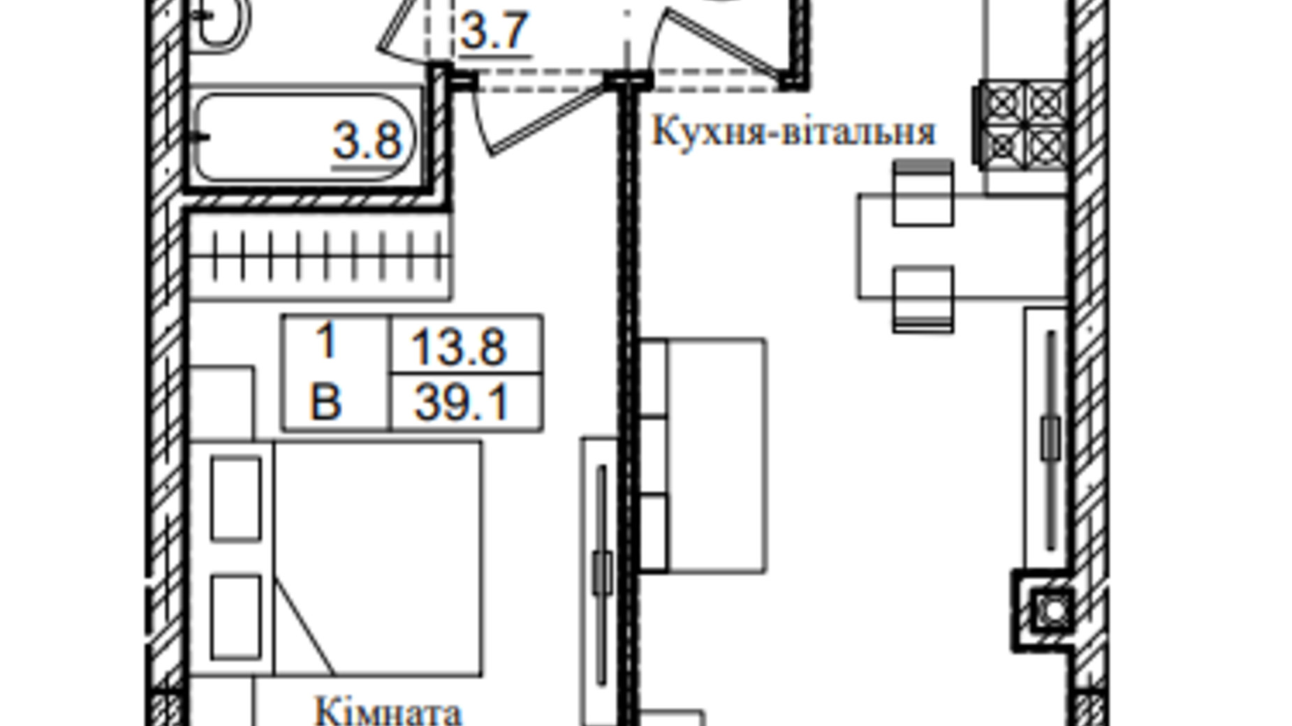 Планировка 1-комнатной квартиры в ЖК Петровский Поселок 2 39.1 м², фото 837773