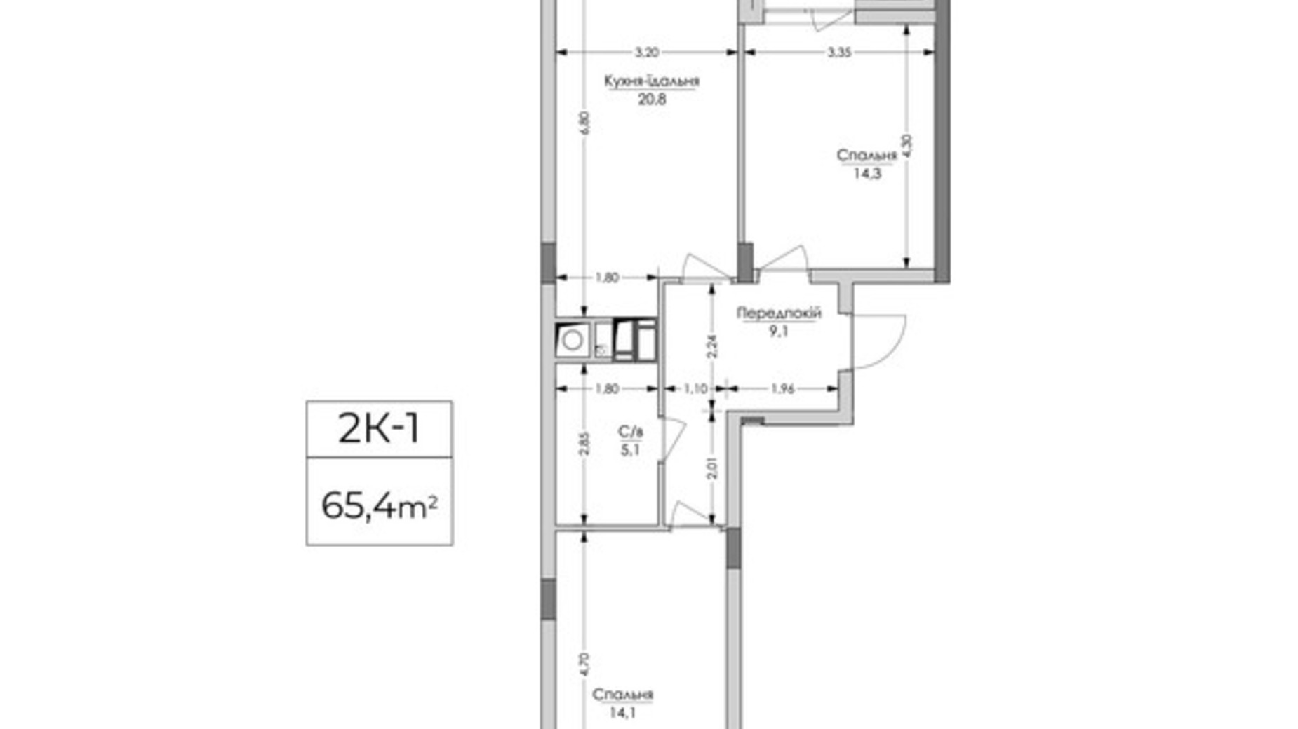 Планировка 2-комнатной квартиры в ЖК Lypynsky 65.4 м², фото 847846