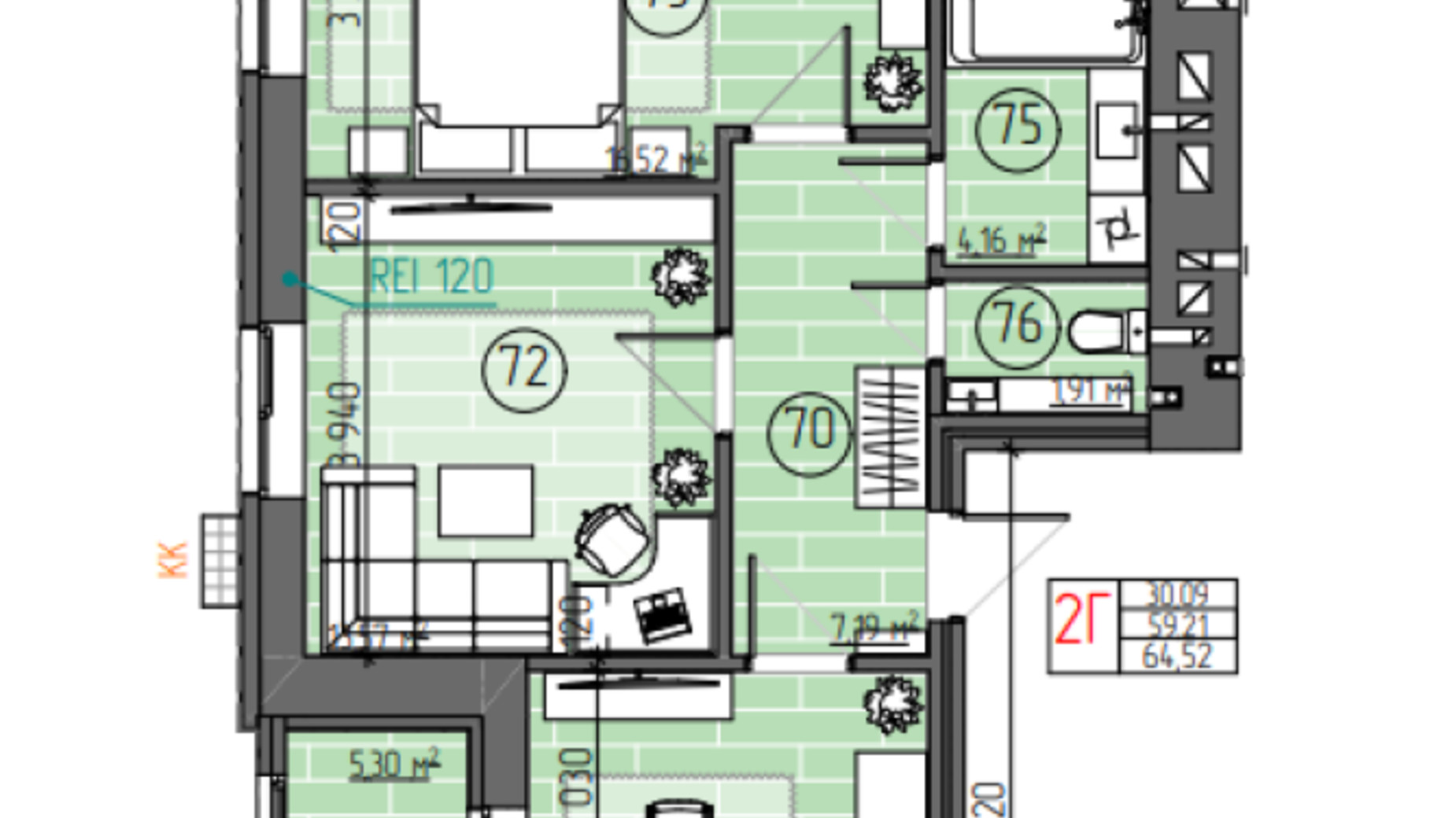 Планування 2-кімнатної квартири в ЖК Family City 63.07 м², фото 853474