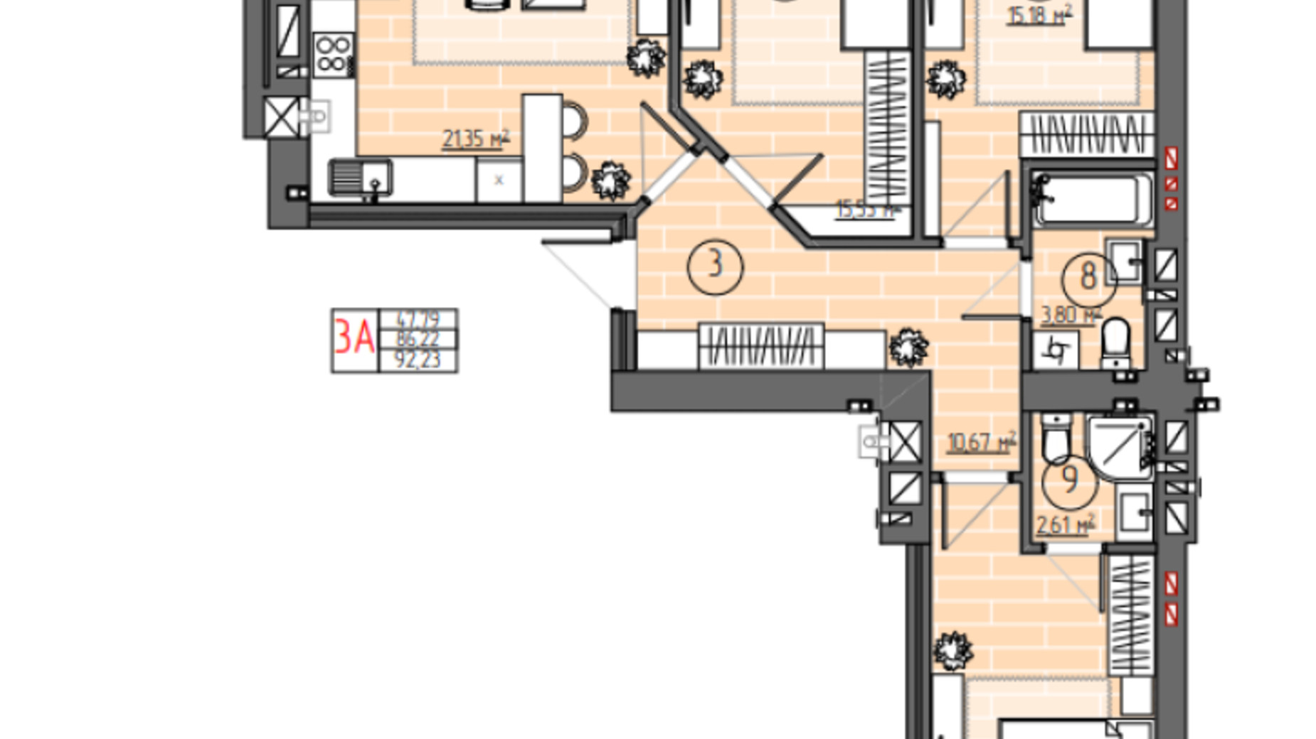 Планировка 3-комнатной квартиры в ЖК Family City 92.23 м², фото 853491