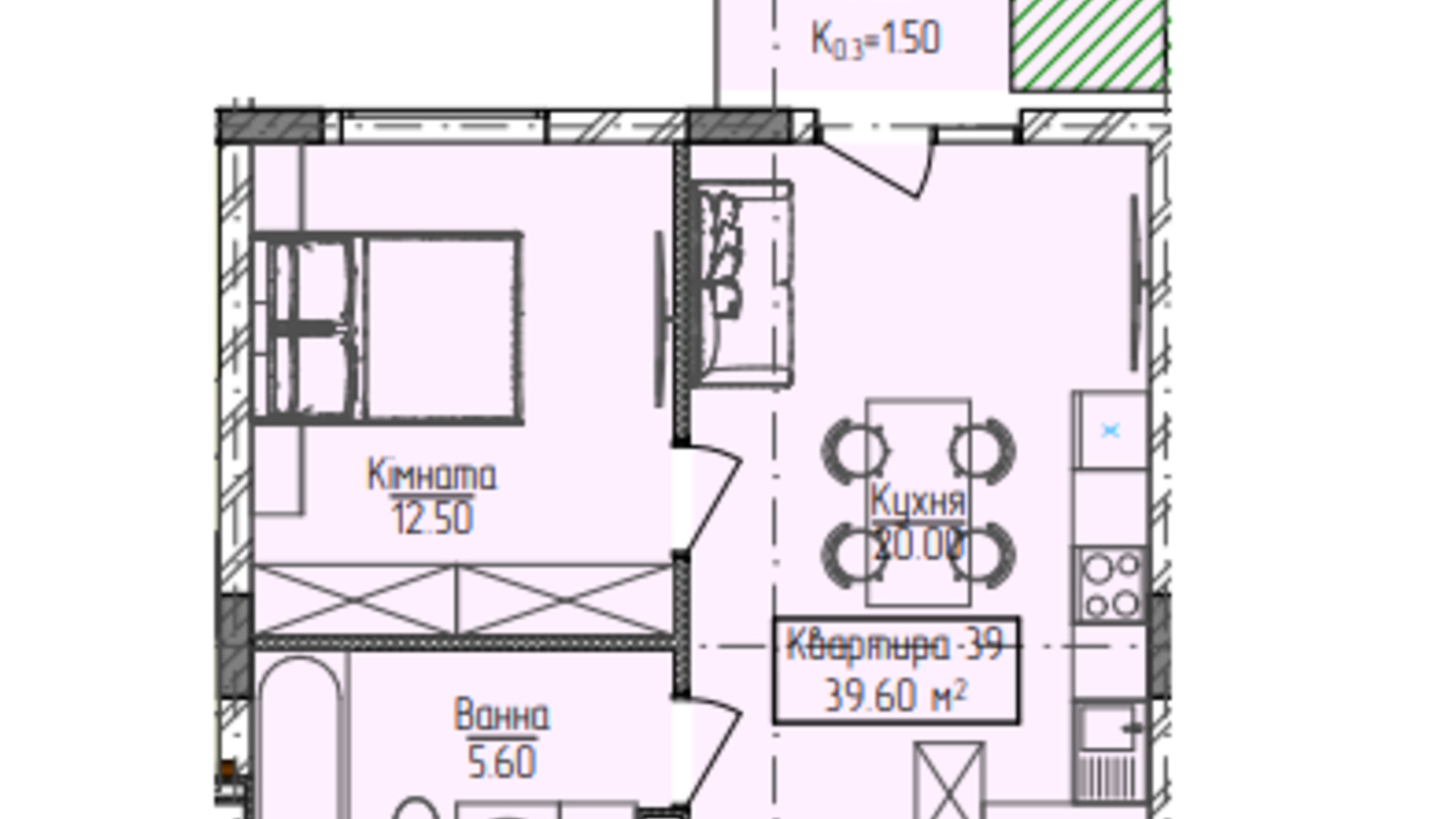Планировка 1-комнатной квартиры в ЖК Home 39.6 м², фото 855141