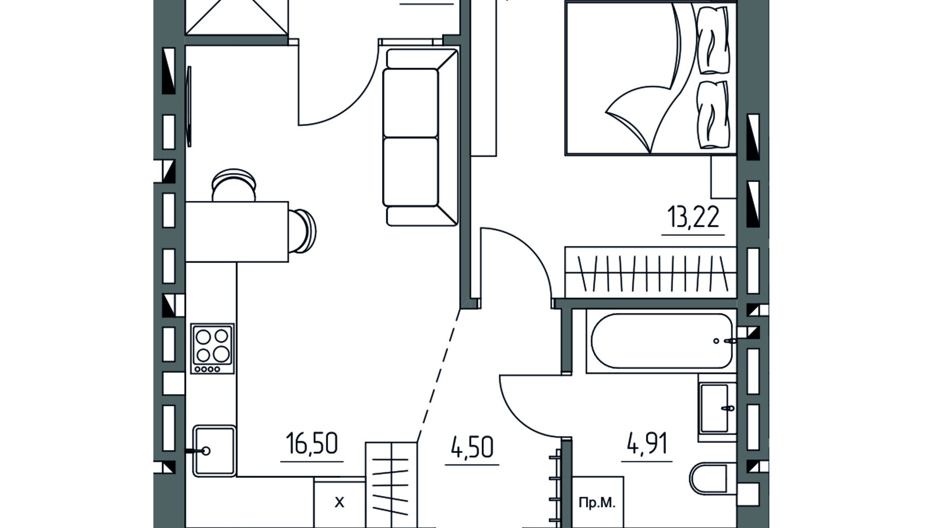 Планировка 1-комнатной квартиры в ЖК ZigZag 42.97 м², фото 855468