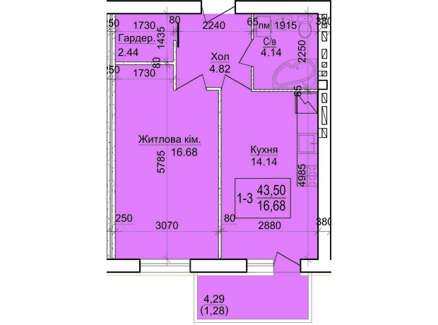 ЖК Дом 20: планировка 1-комнатной квартиры 43.5 м²