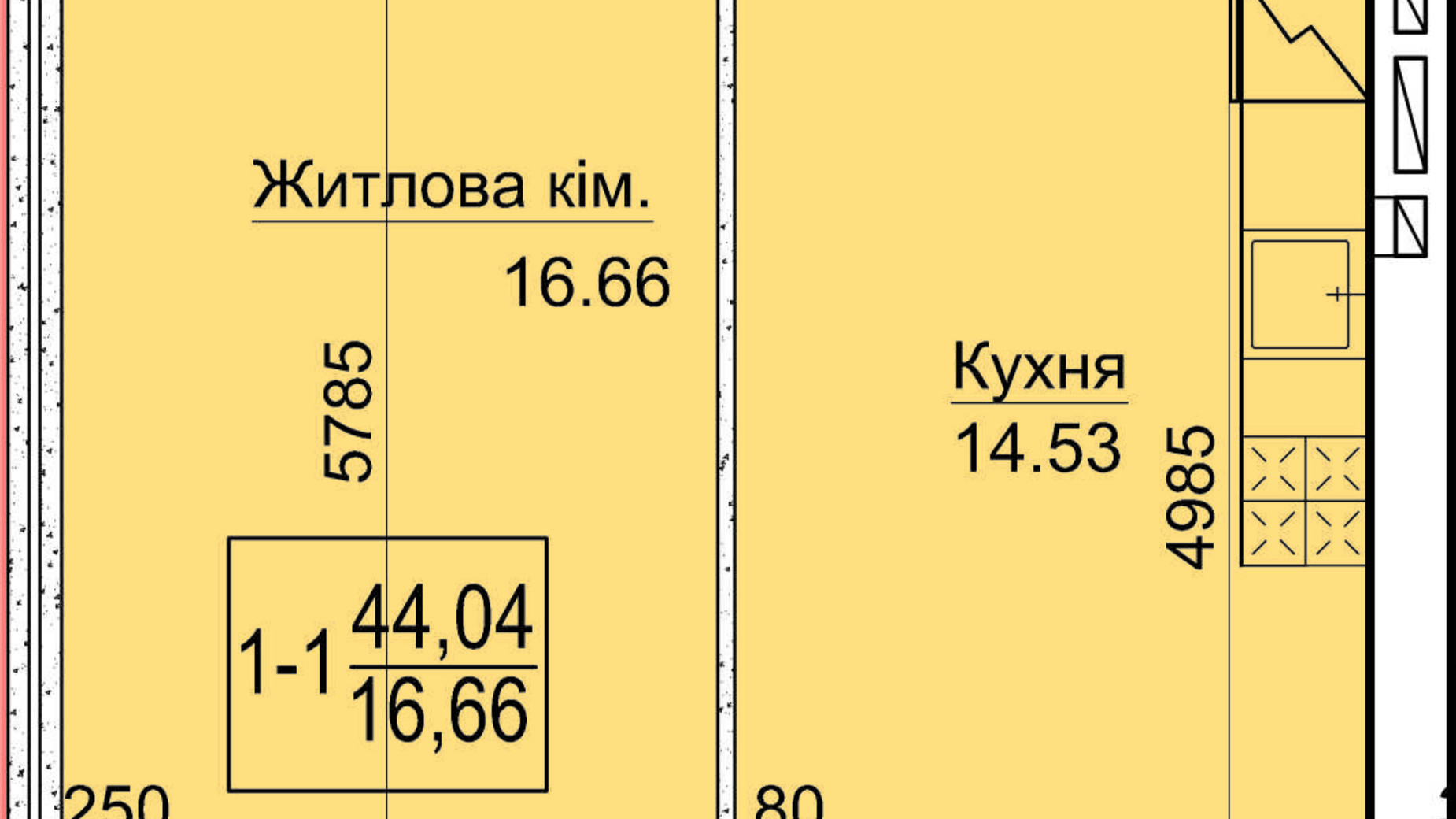 Планування 1-кімнатної квартири в ЖК Будинок 20 44.04 м², фото 87229