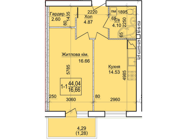 ЖК Дом 20: планировка 1-комнатной квартиры 44.04 м²