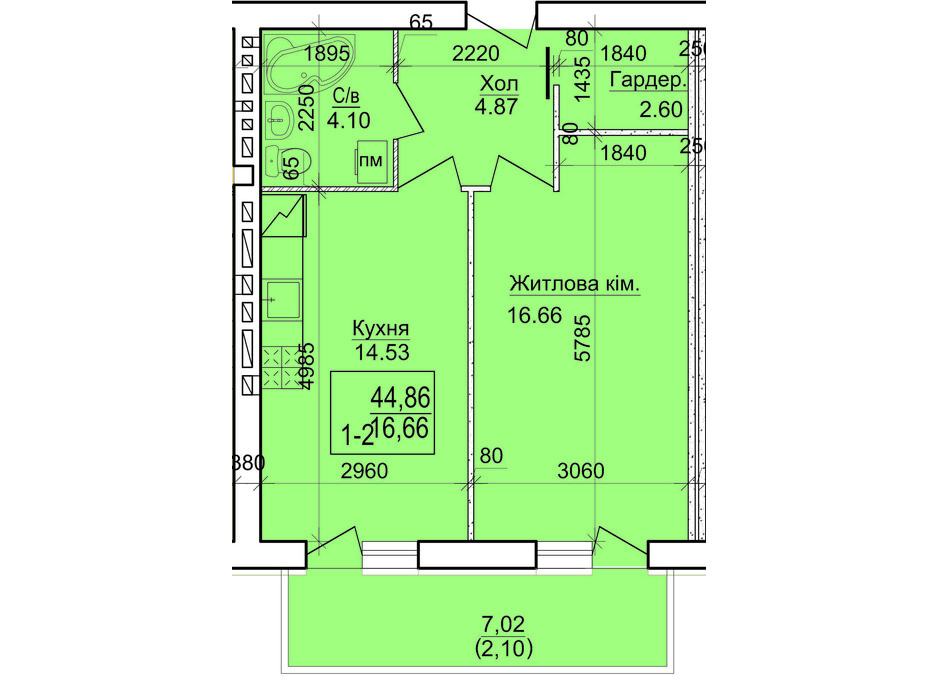 Планировка 1-комнатной квартиры в ЖК Дом 20 44.86 м², фото 87230 Планировка 1-комнатной квартиры в ЖК Дом 20 44.86 м², фото 87230