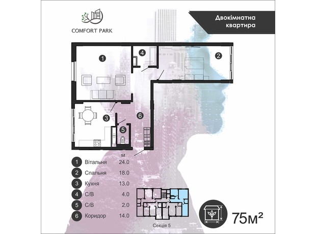 ЖК Comfort Park: планування 2-кімнатної квартири 75 м²