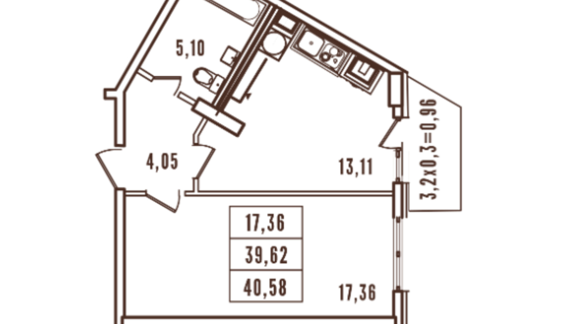Планировка 1-комнатной квартиры в ЖК Континент 40.58 м², фото 882875