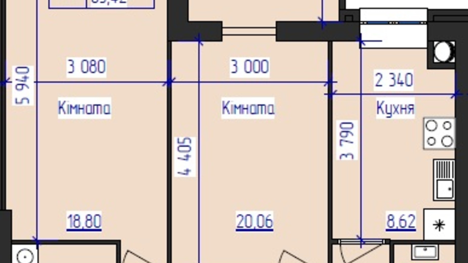 Планировка 2-комнатной квартиры в ЖК Олимпийский 63.42 м², фото 88671