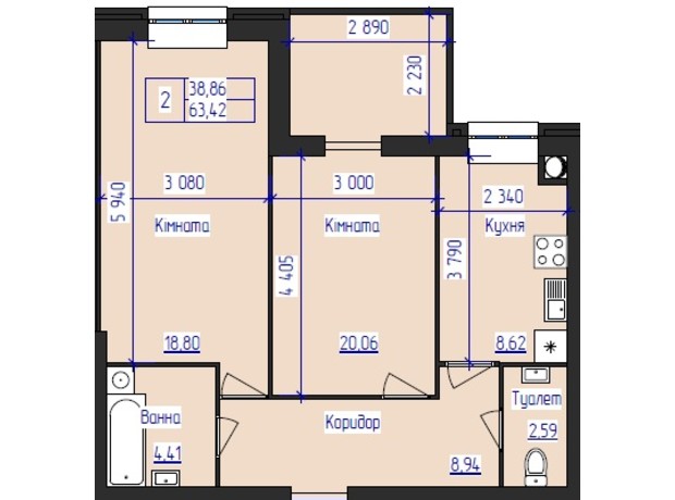 ЖК Олимпийский: планировка 2-комнатной квартиры 63.42 м²