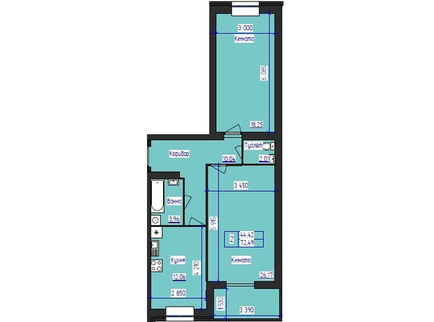 ЖК Олимпийский: планировка 2-комнатной квартиры 72.49 м²