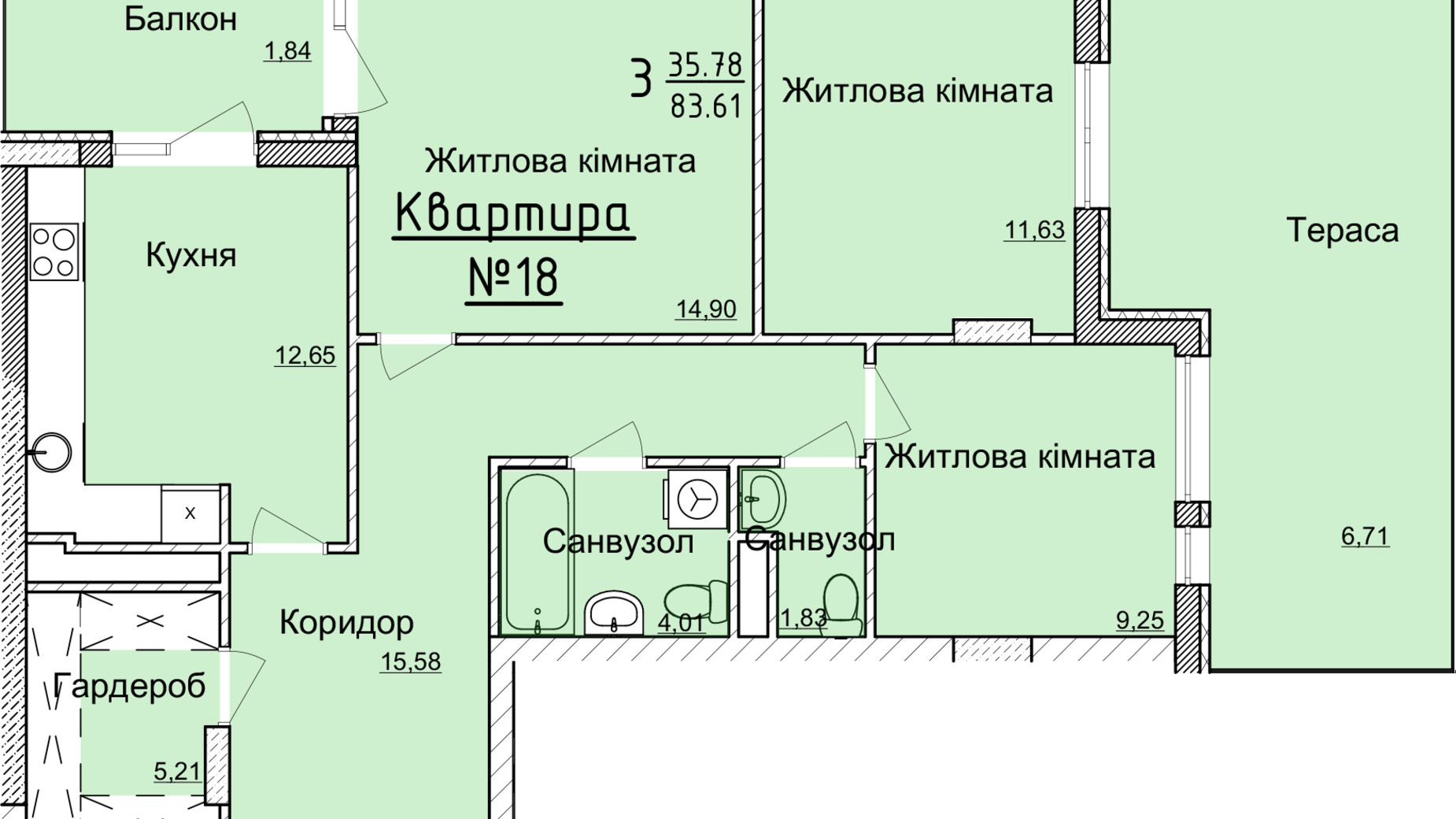 Планировка 3-комнатной квартиры в ЖК Globus Elite 80.1 м², фото 89351