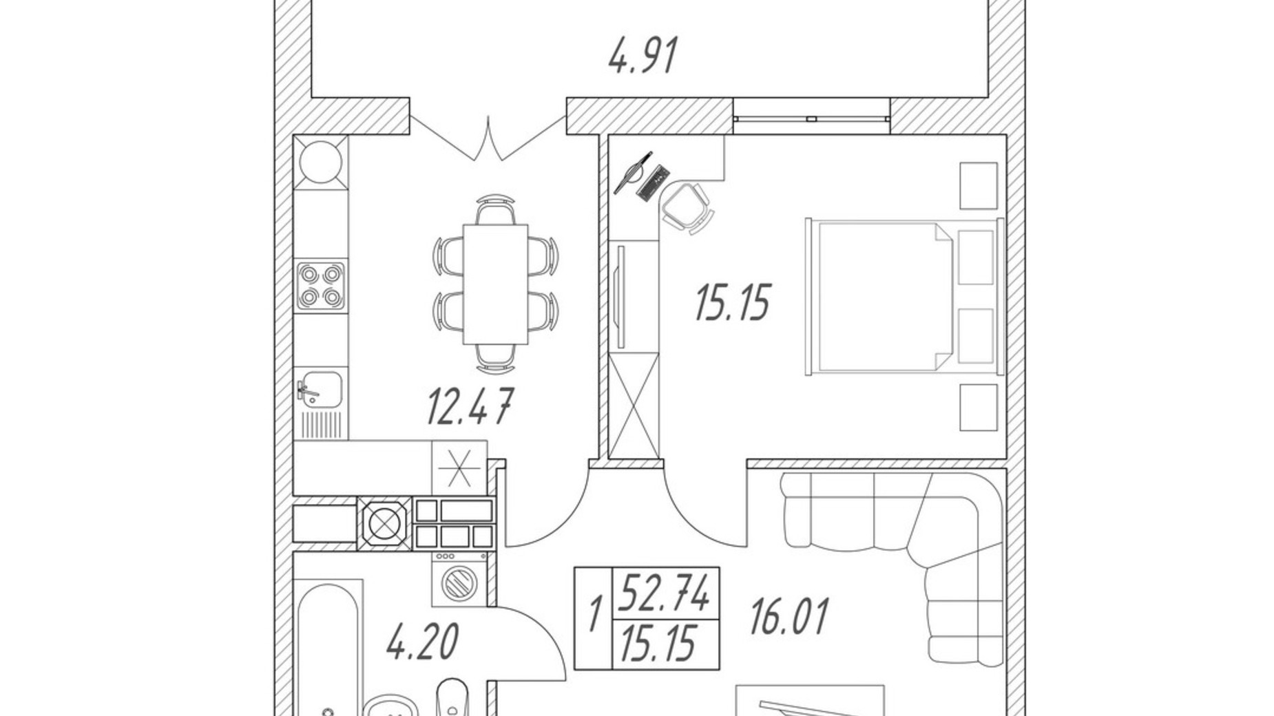 Планировка 1-комнатной квартиры в ЖК Британия Hall 52.74 м², фото 91310