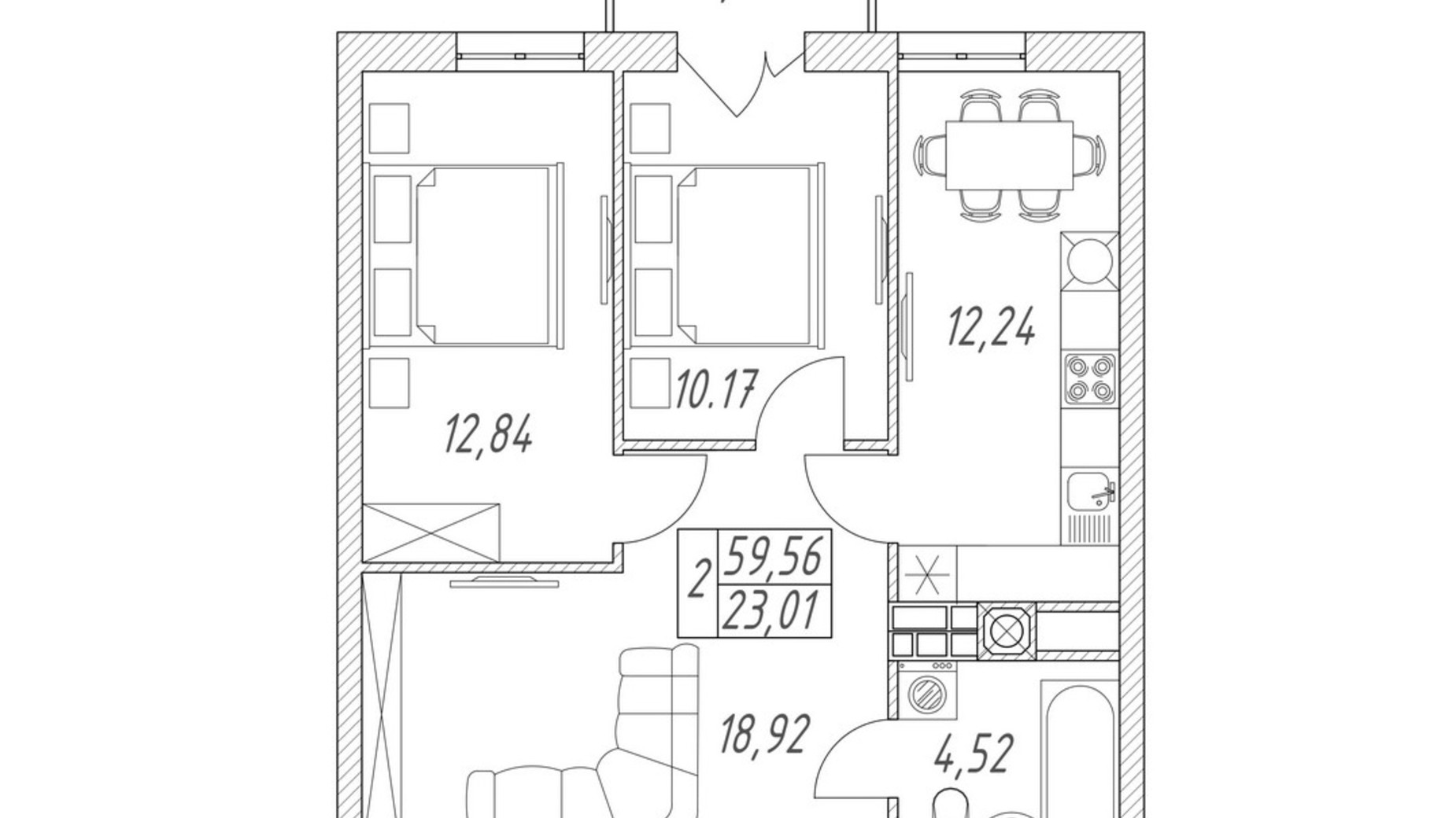 Планування 2-кімнатної квартири в ЖК Британія Hall 59.56 м², фото 91311