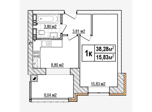 ЖК Agam: планування 1-кімнатної квартири 38.28 м²