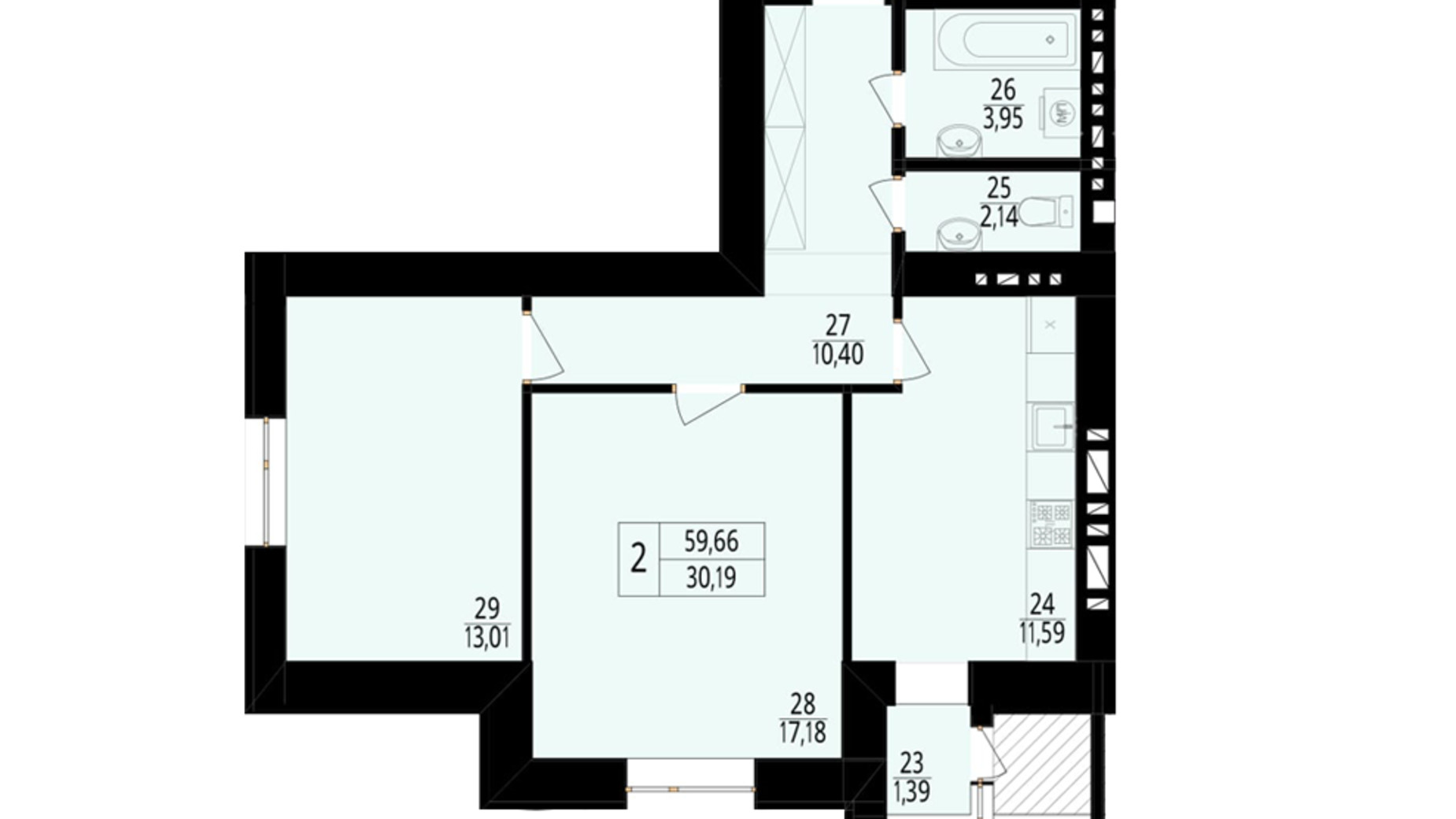 Планировка 2-комнатной квартиры в ЖК Дизайн парк 59.66 м², фото 92090