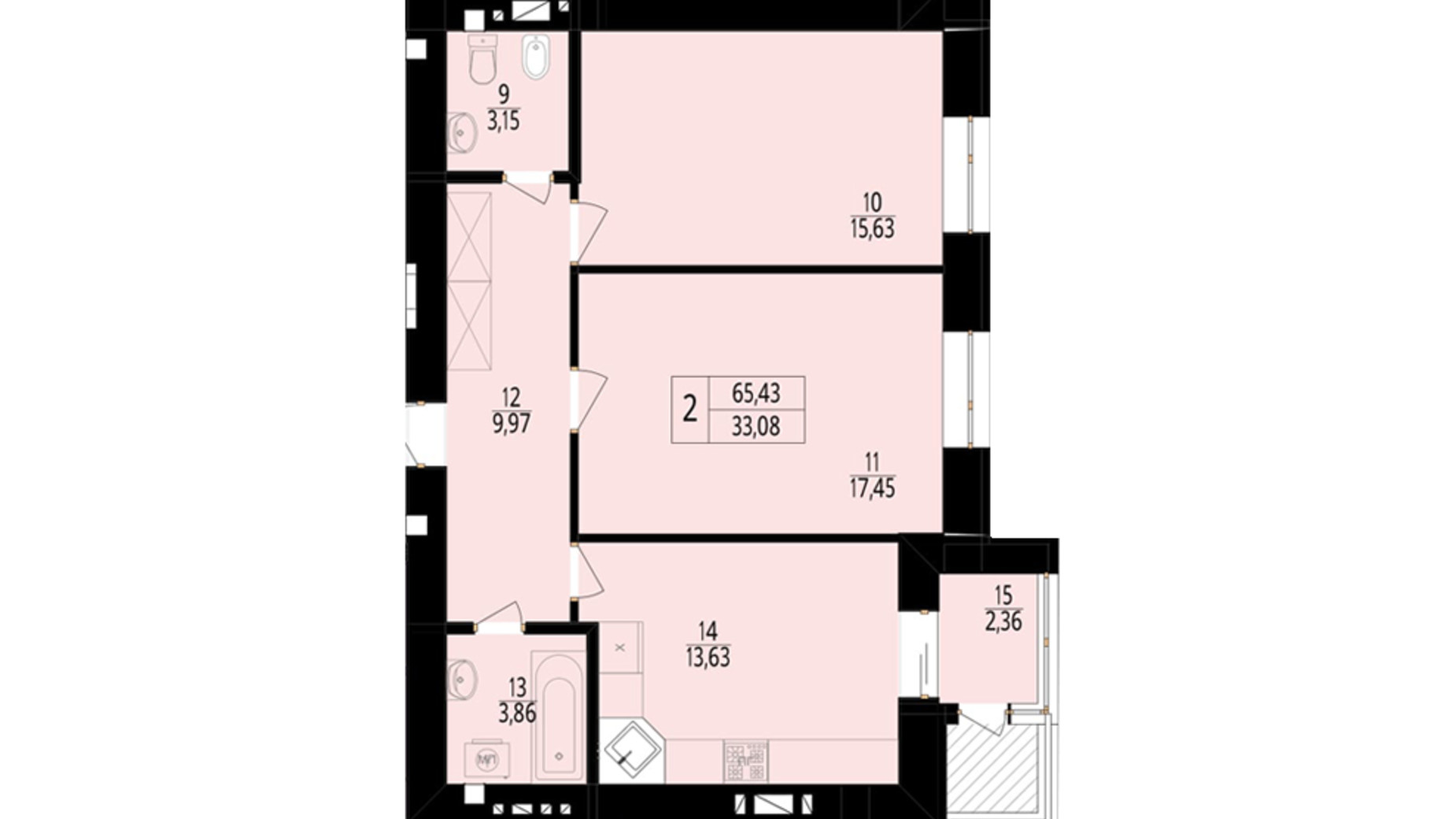 Планировка 2-комнатной квартиры в ЖК Дизайн парк 68.84 м², фото 92092