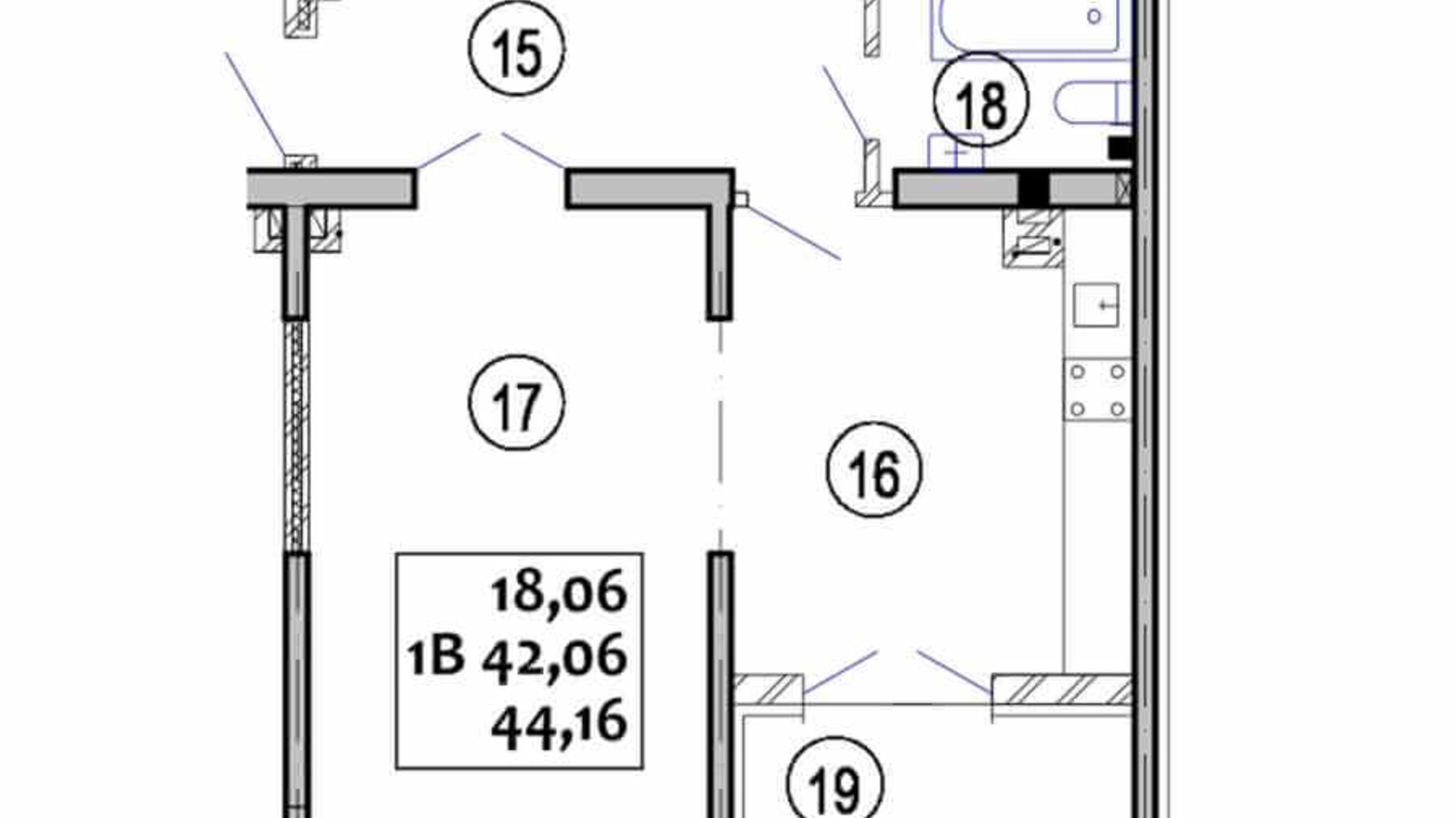 Планування 1-кімнатної квартири в ЖК Варшавський 44.16 м², фото 92674