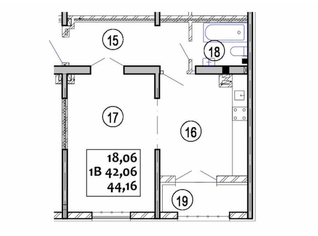 ЖК Варшавский: планировка 1-комнатной квартиры 44.16 м²