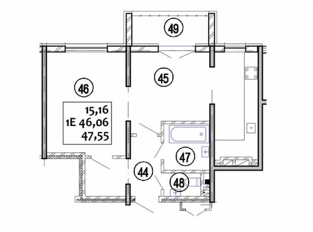 ЖК Варшавський: планування 1-кімнатної квартири 47.55 м²