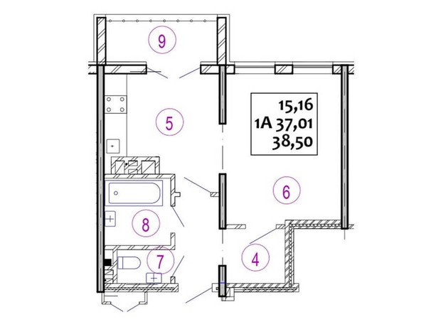 ЖК Варшавский: планировка 1-комнатной квартиры 38.5 м²