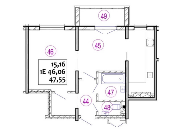 ЖК Варшавський: планування 1-кімнатної квартири 47.55 м²