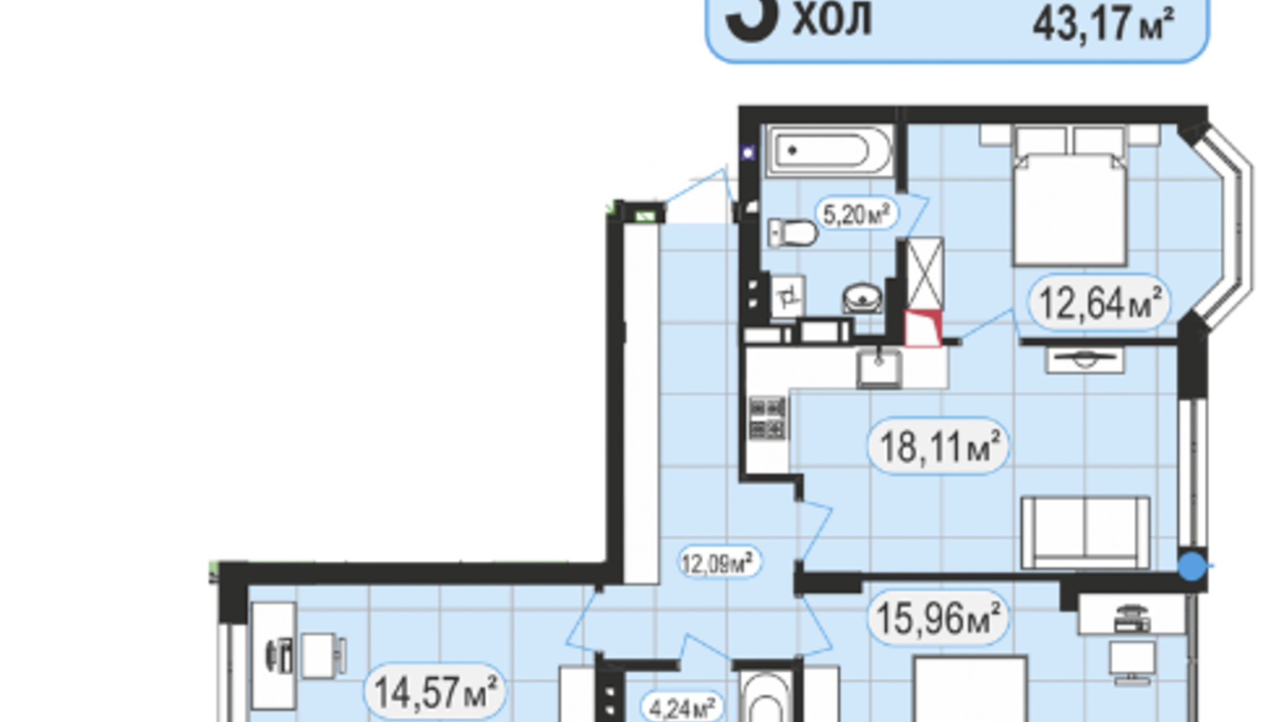 Планування 3-кімнатної квартири в ЖК 7'я 83.7 м², фото 92964
